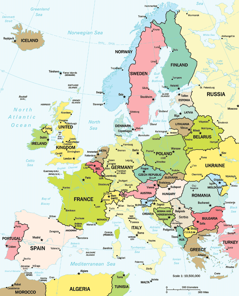 Europe countries and cities map