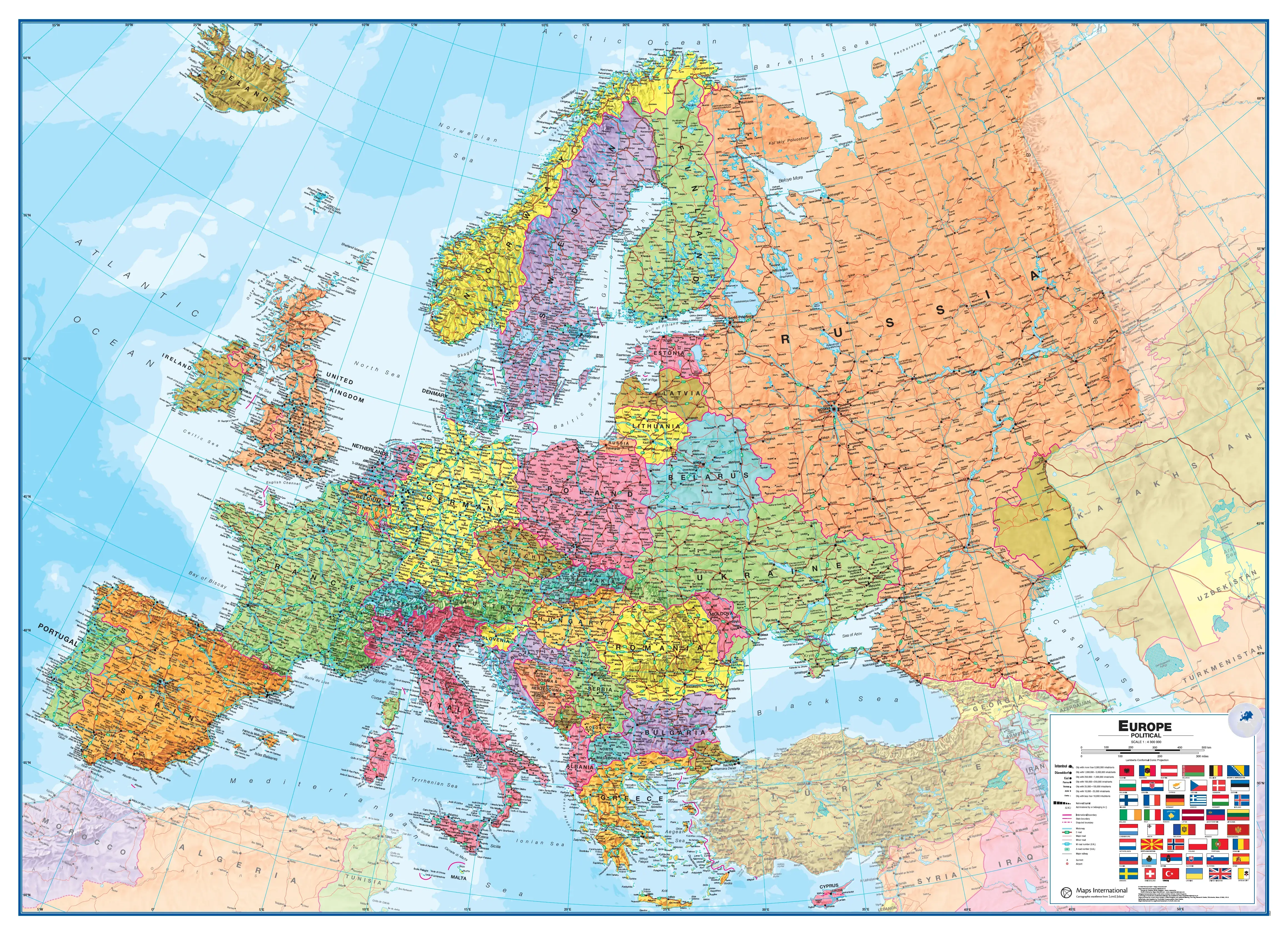 Europe international wall map with cities