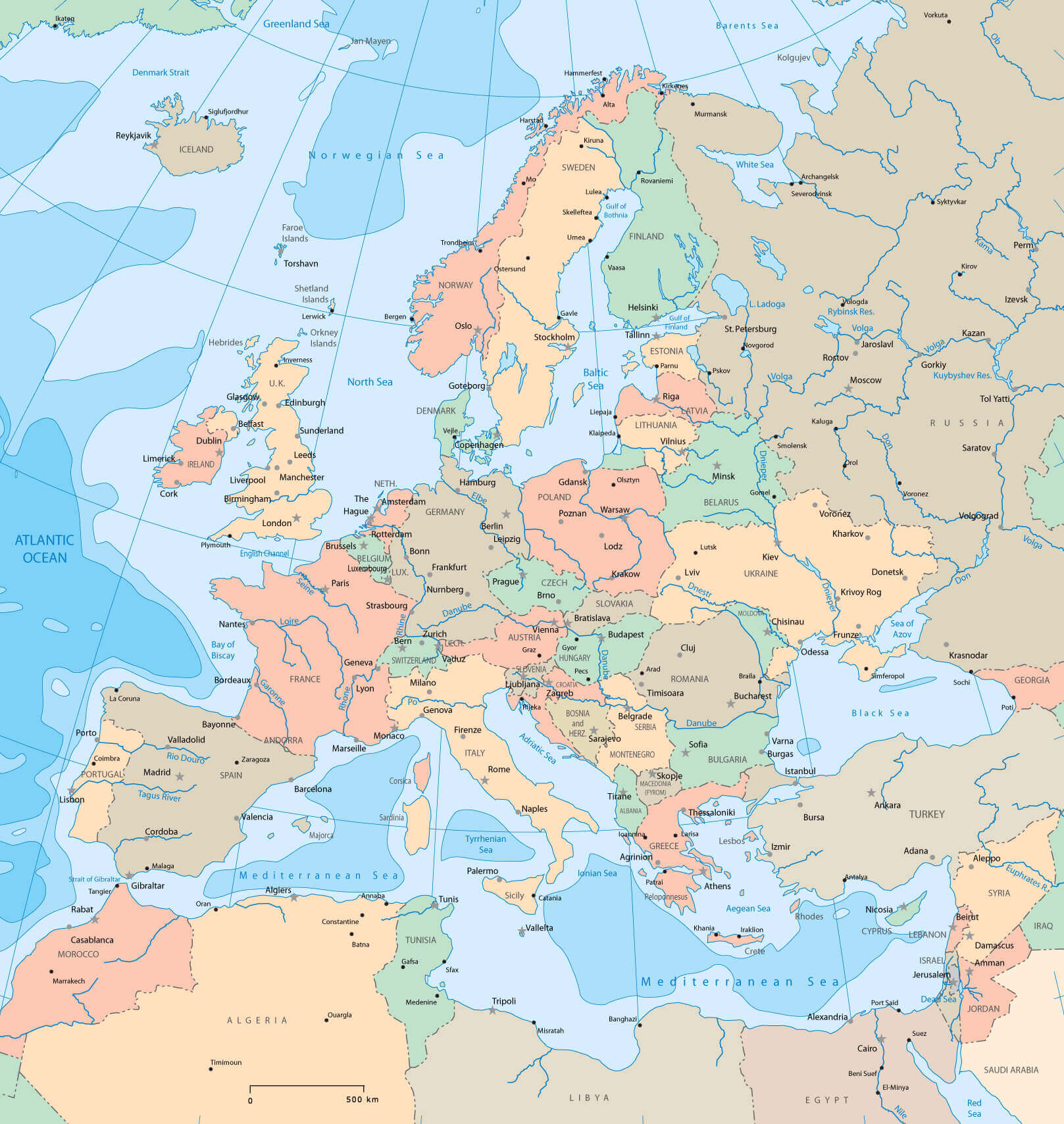Europe Map: Political, Physical, Countries, Cities, Satellite & Time Zones 17 Europe Cities and Rivers Map