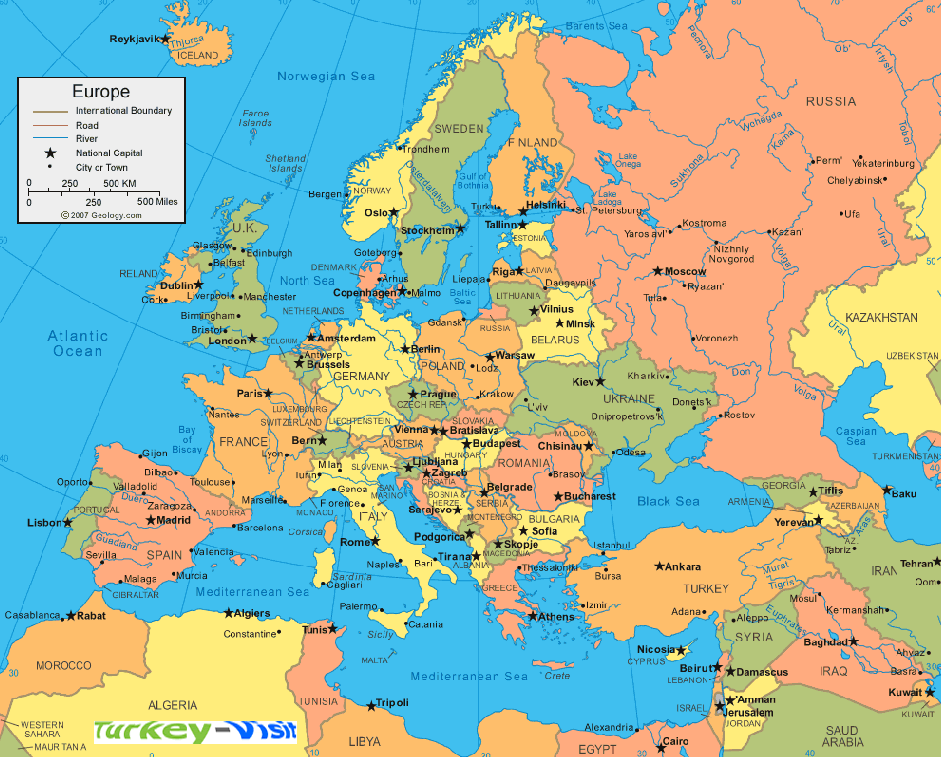 Political map of Europe with cities