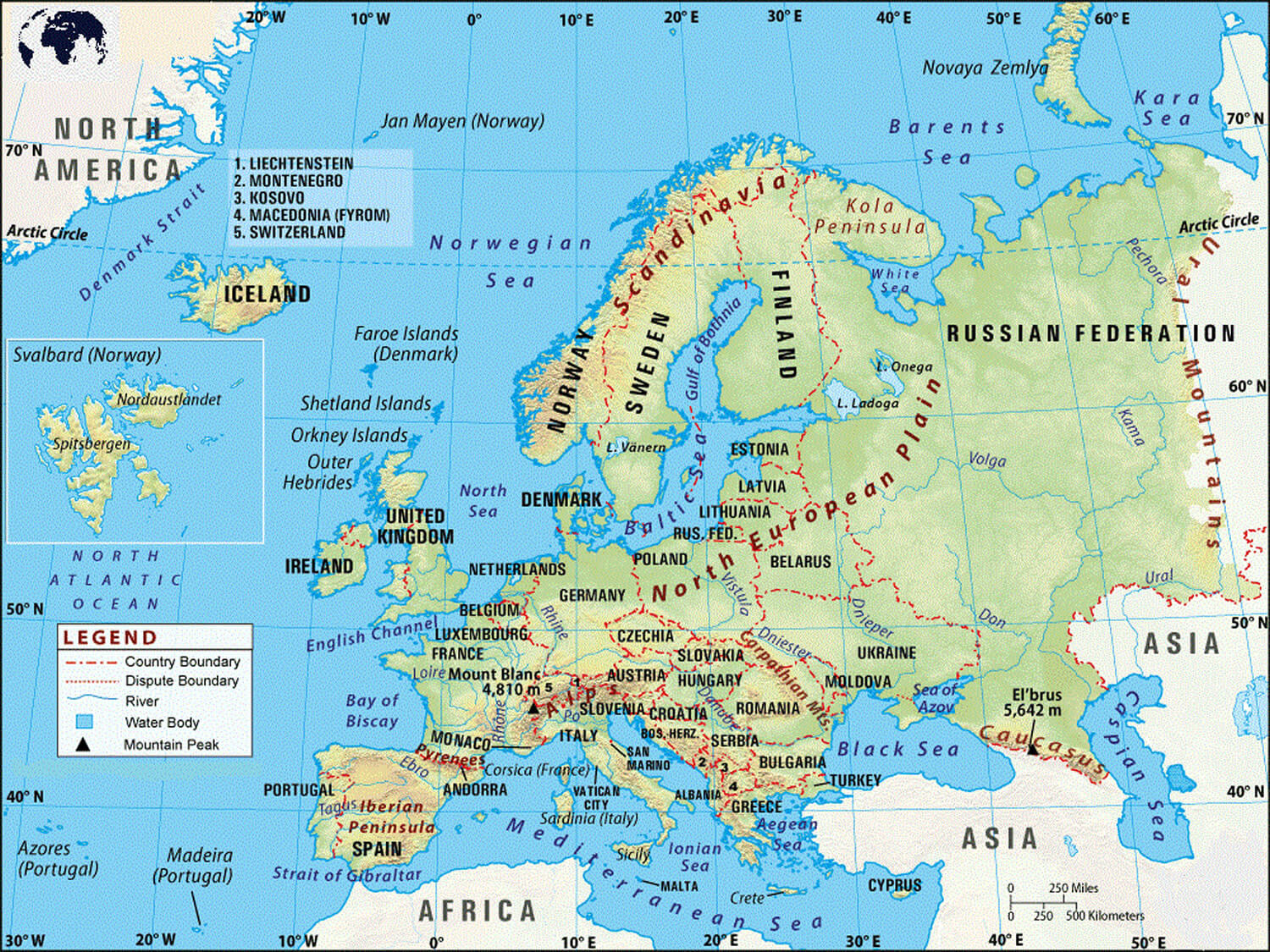 Europe countries with physical map