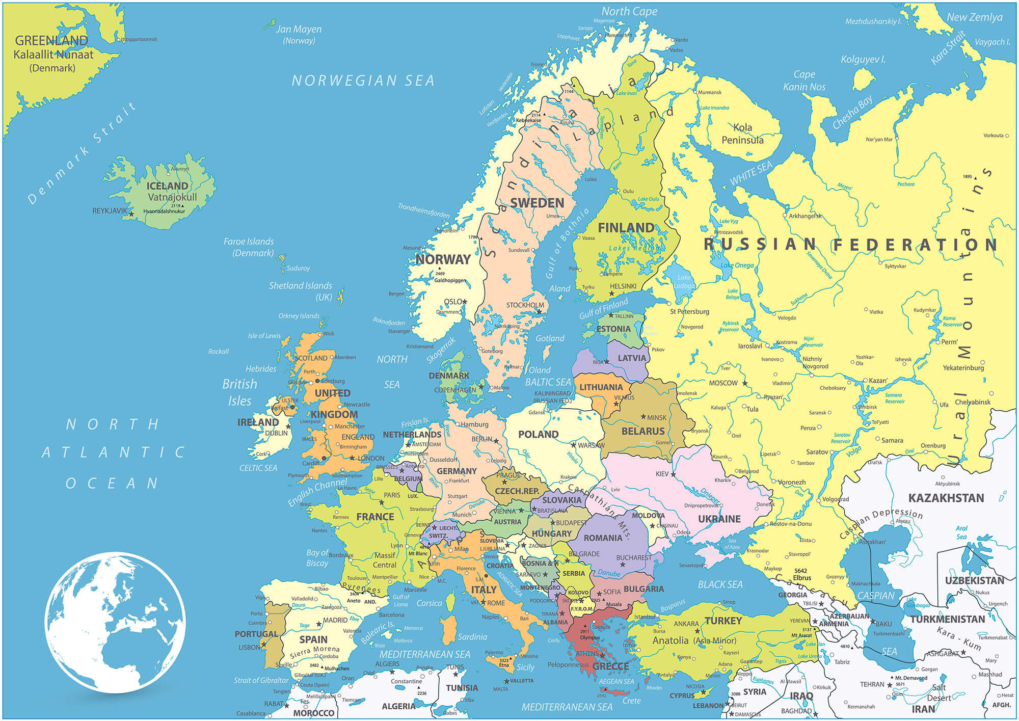 Map of Europe with countries and cities