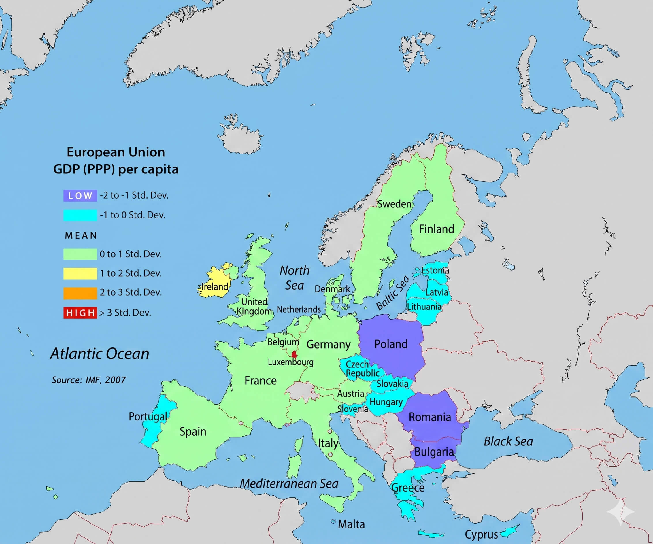 European Union GDP per capita map 2007