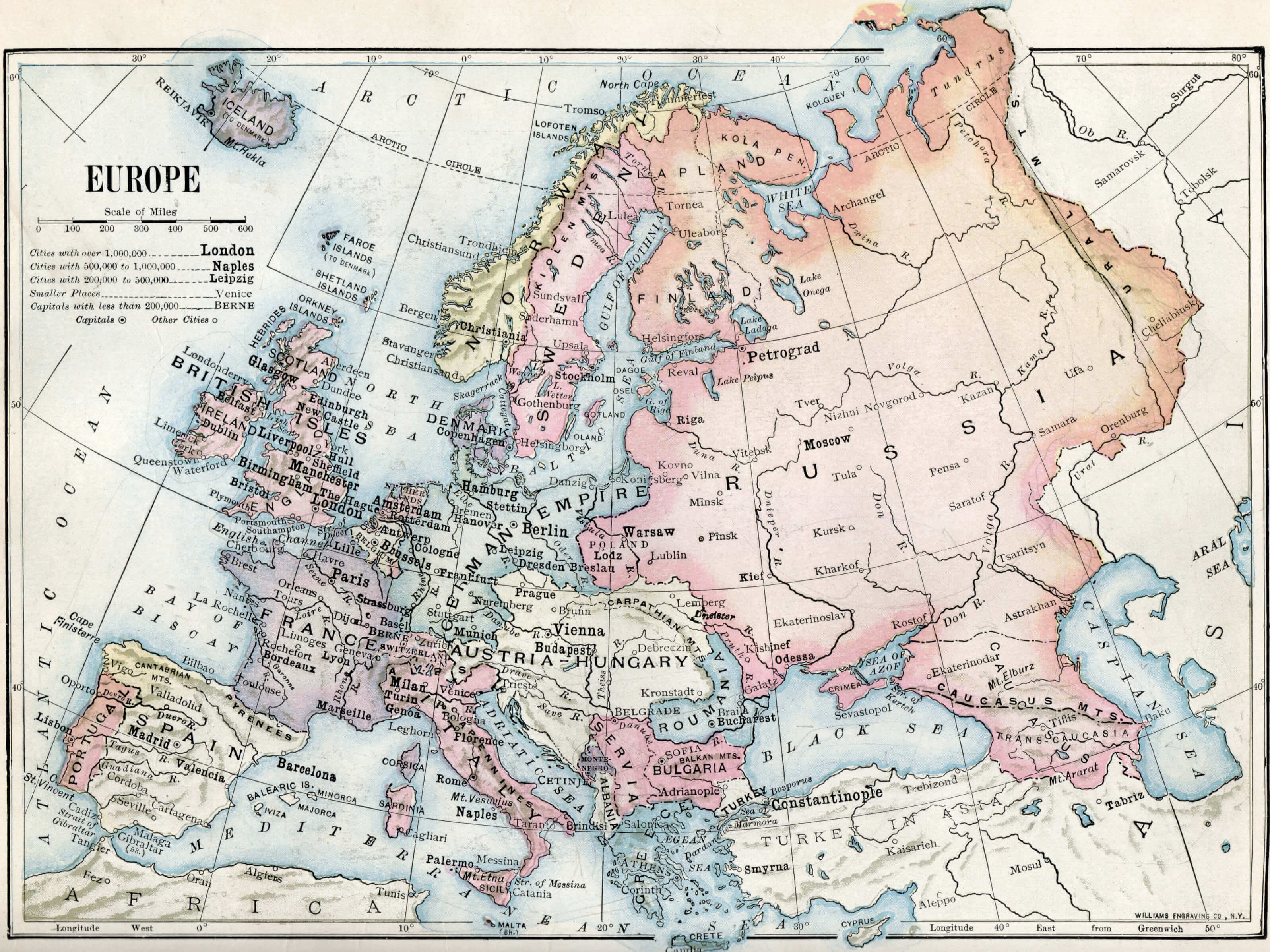 Detailed major cities political map of Europe 1916