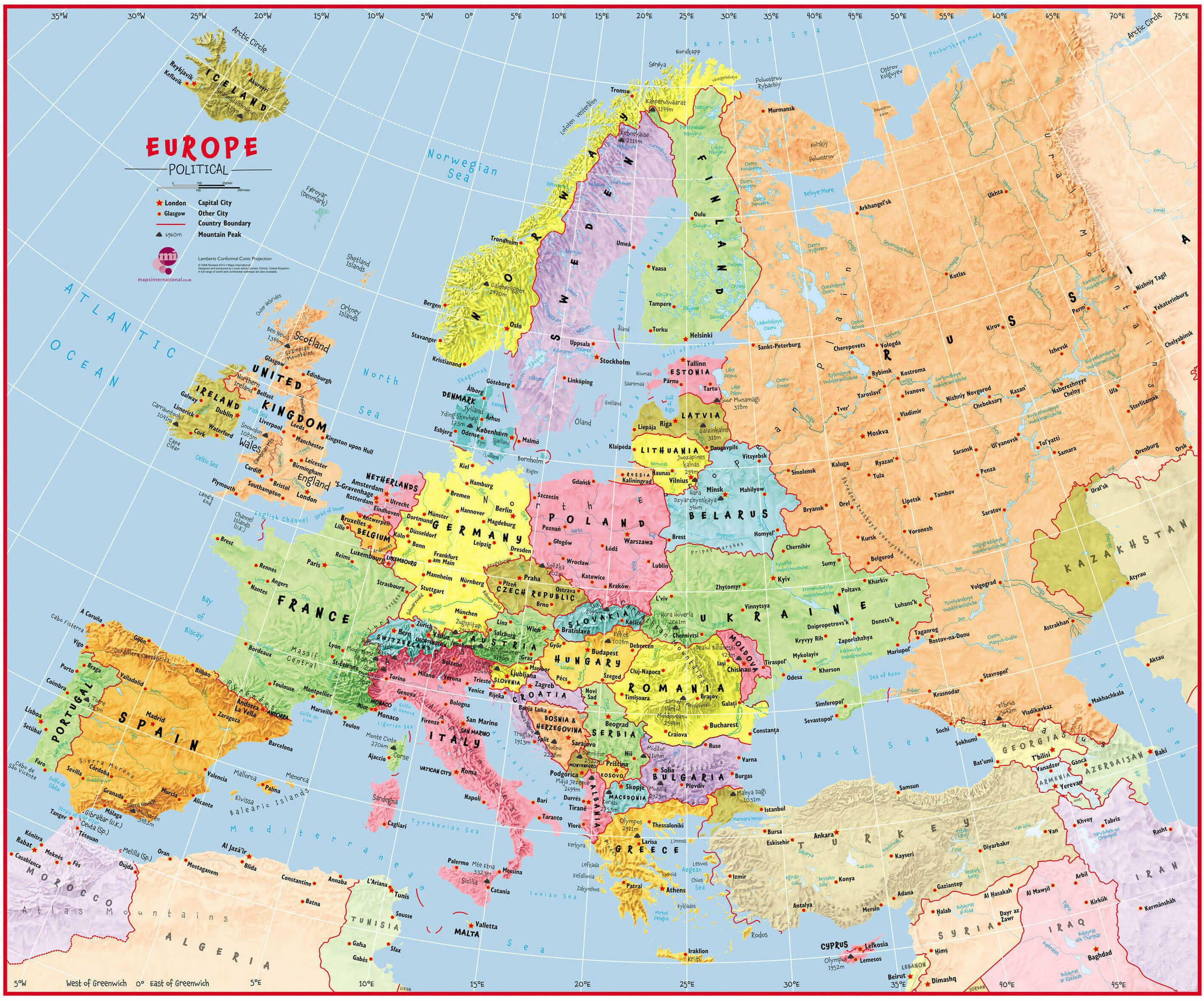 Europe High resolution political cities wall map