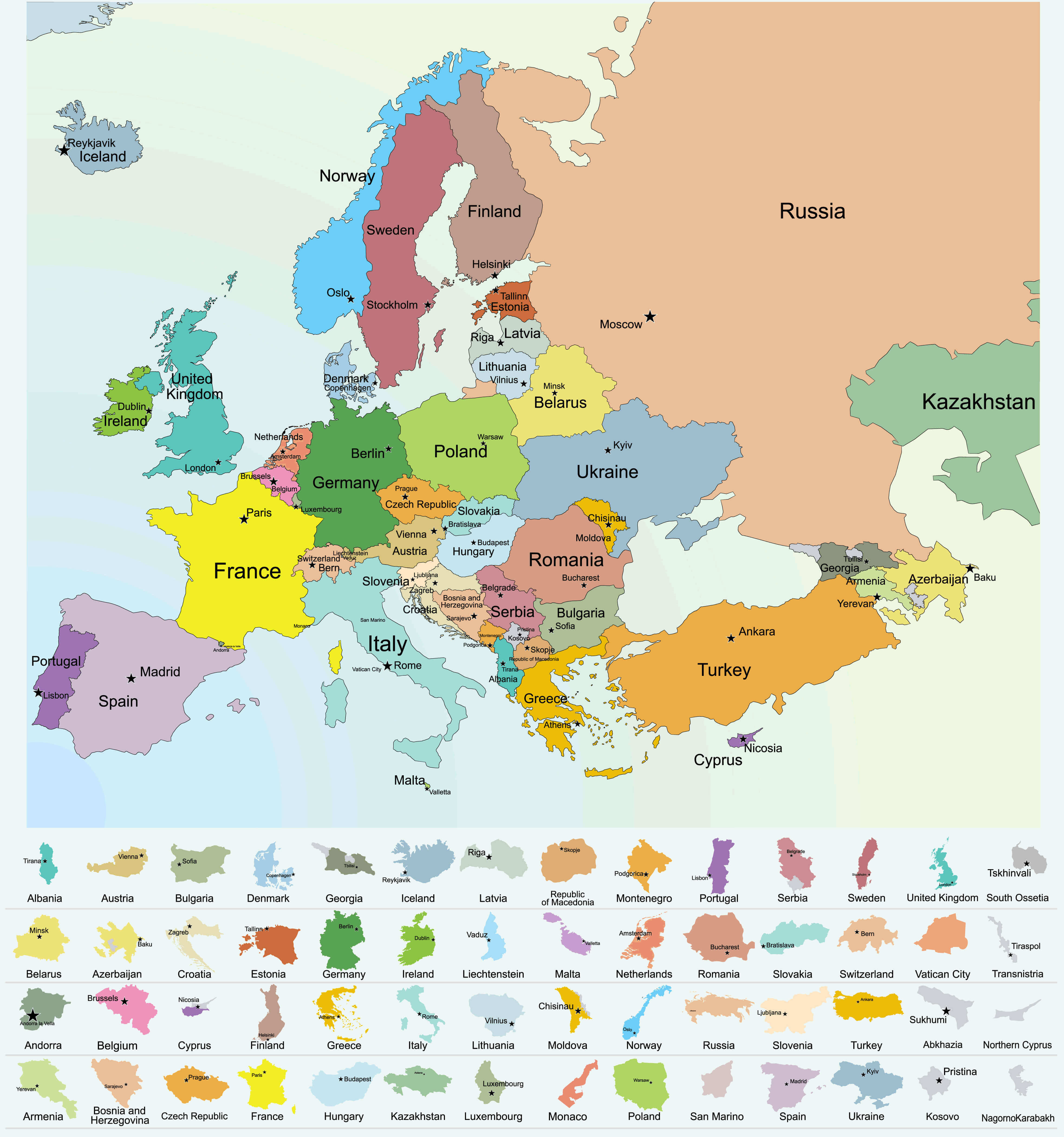 European countries map with national borders