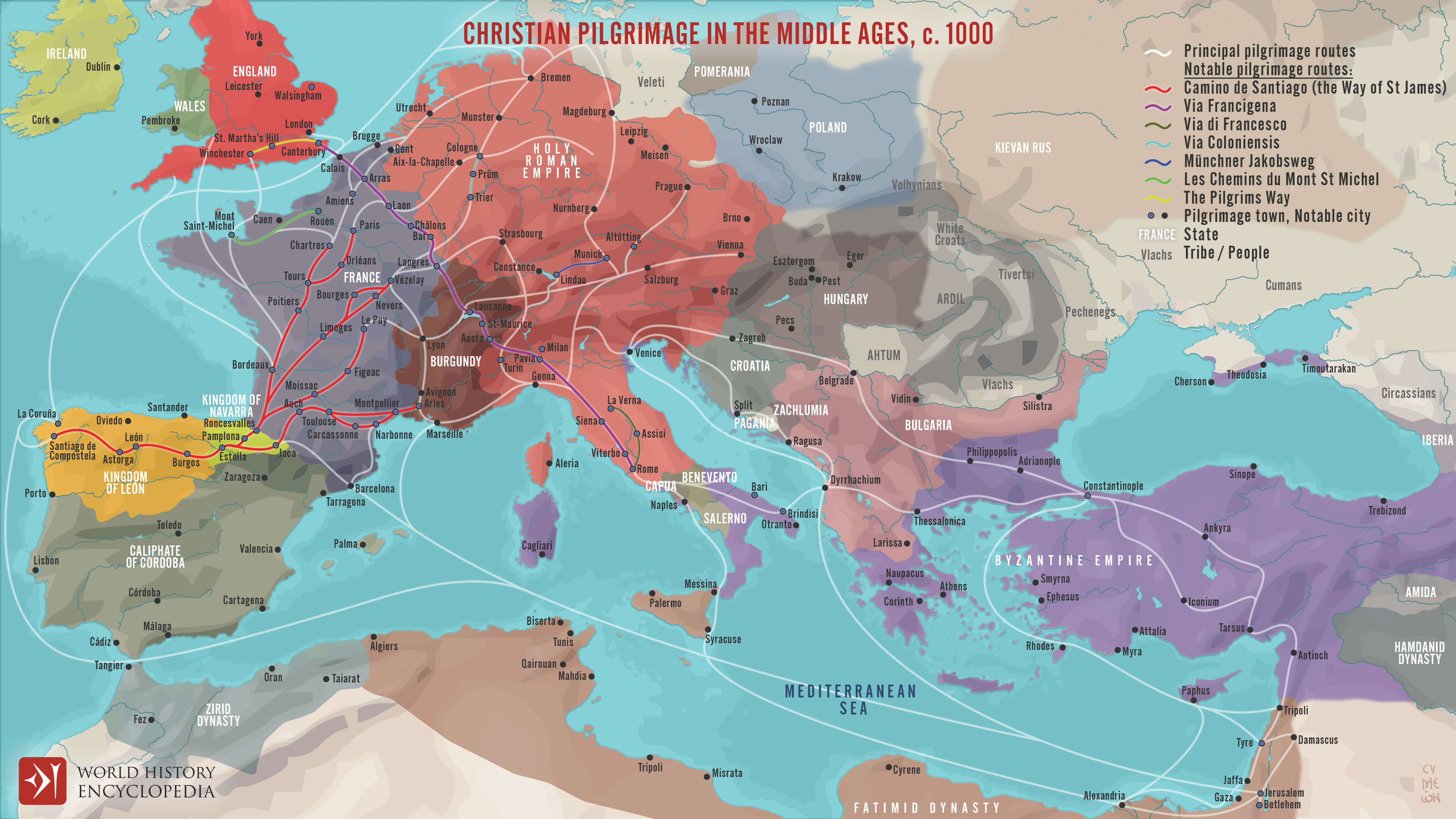 Europe christian pilgrimage map in the middles 1000