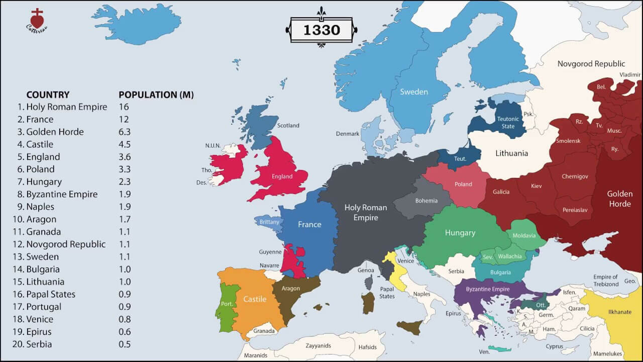 Europe historical map in 1330