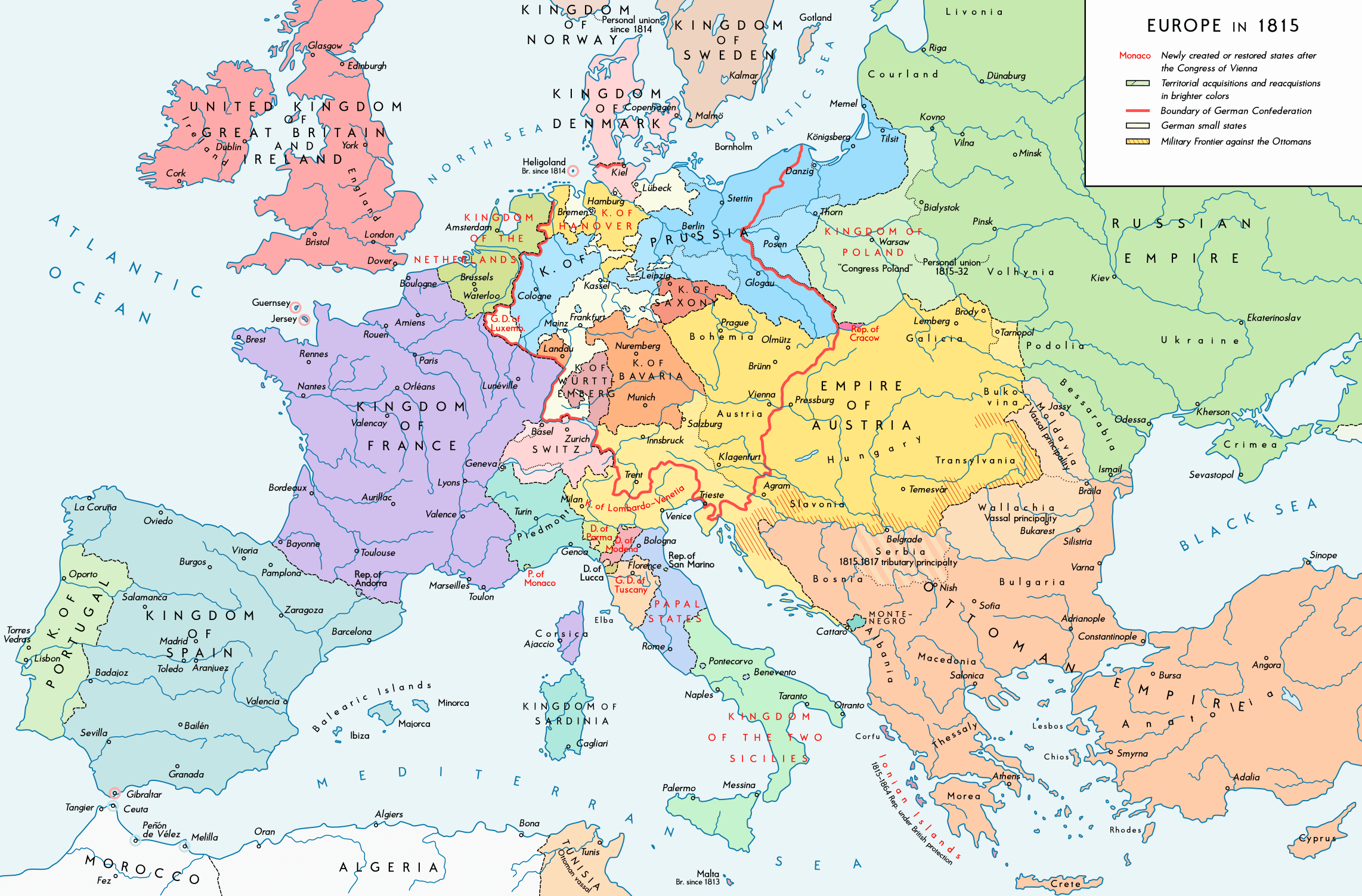 Europe major cities map in 1815