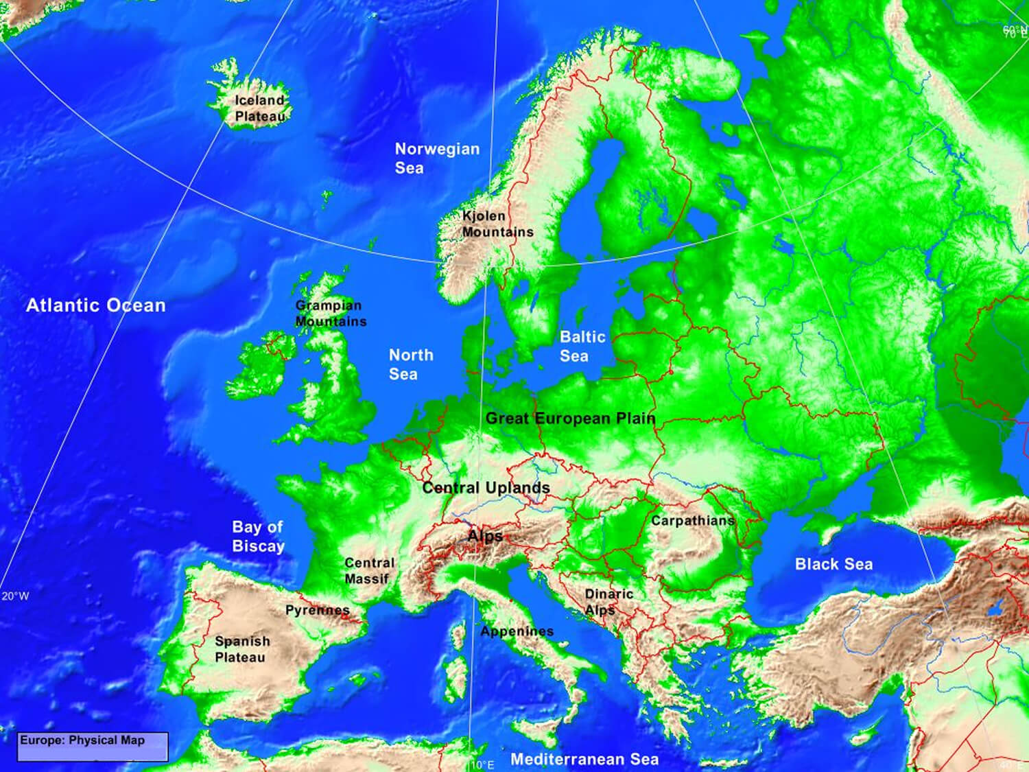 Europe physical map with mountains and plains
