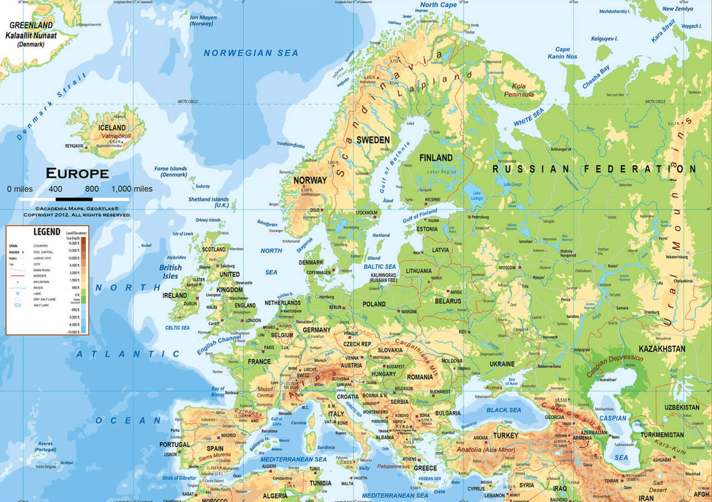 Europe physical map with Russia