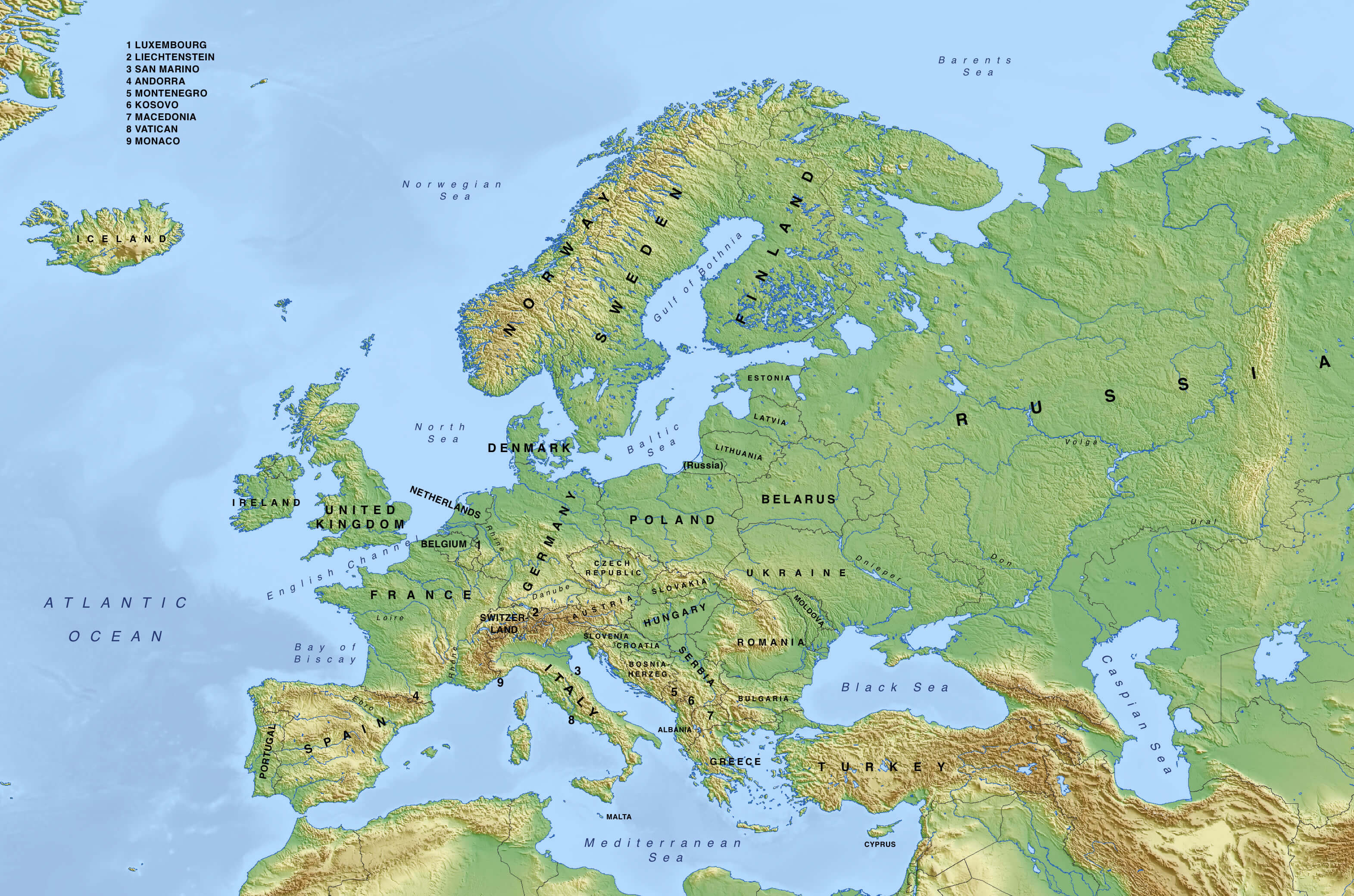 Physical map of Europe with Russia