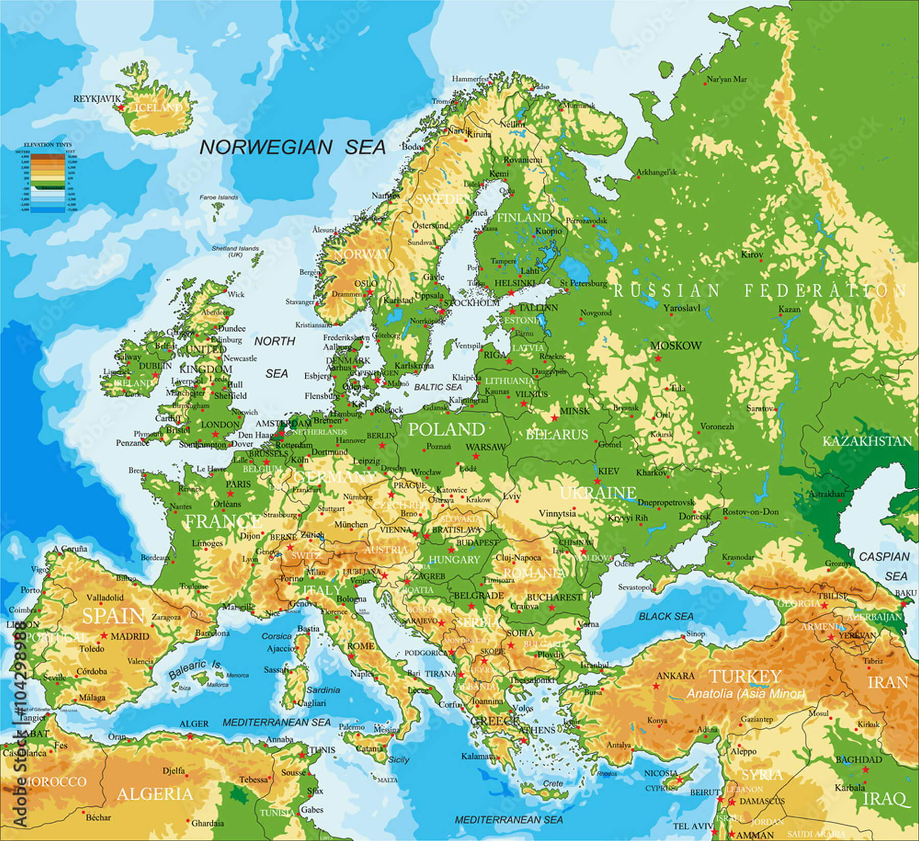 Physical map of Europe