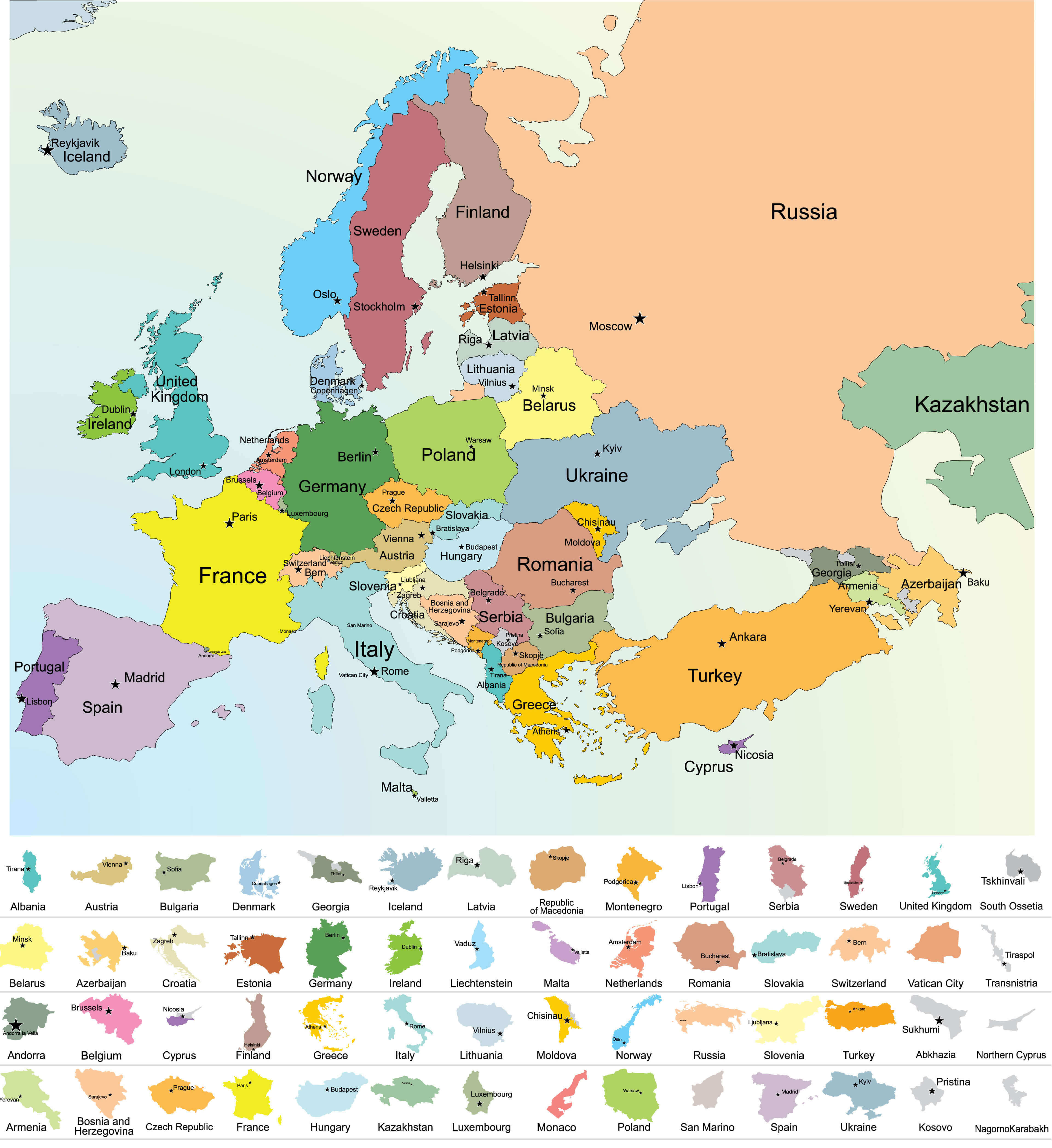 Europe countries with political map