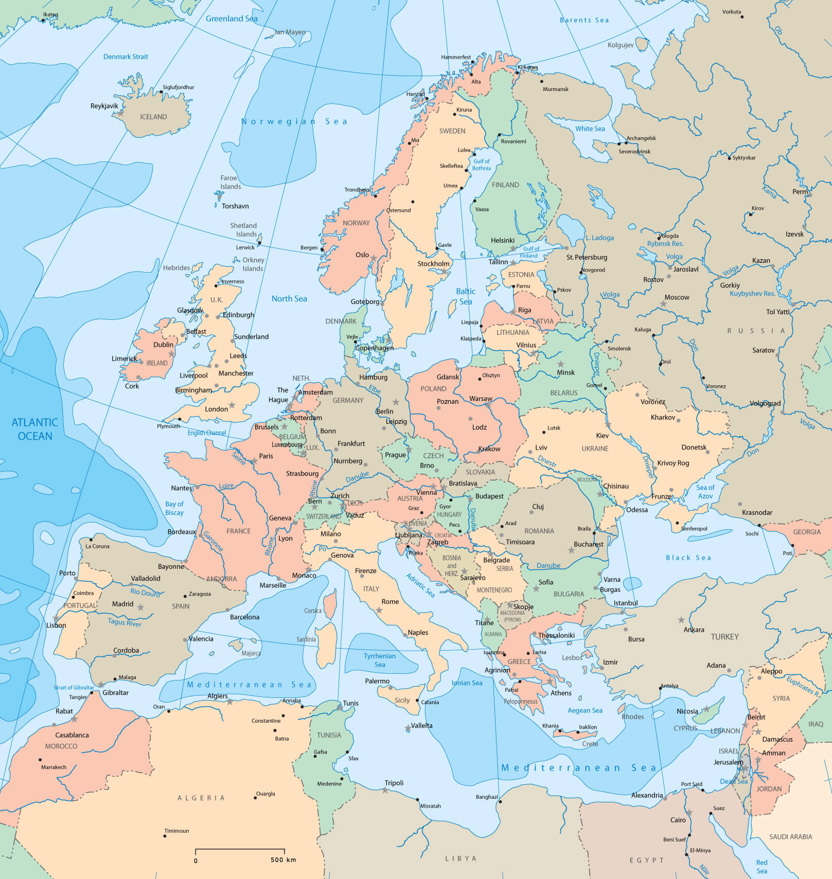 Europe political map with countries and rivers