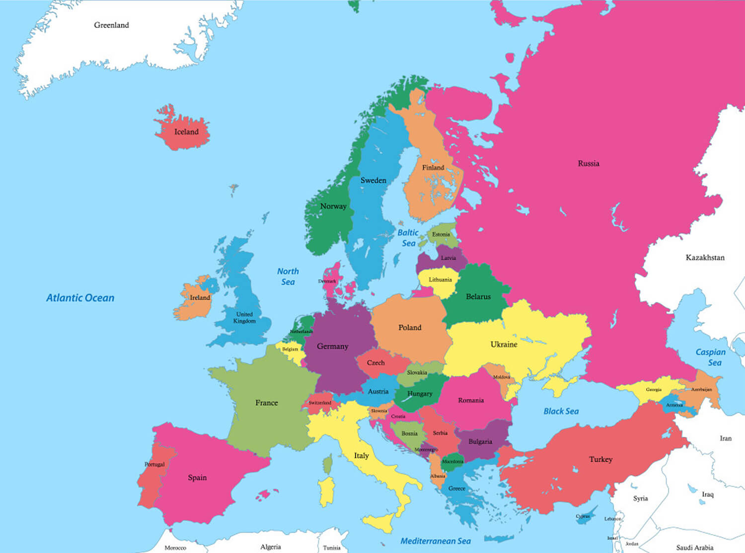 Europe political map with Russia and Turkey
