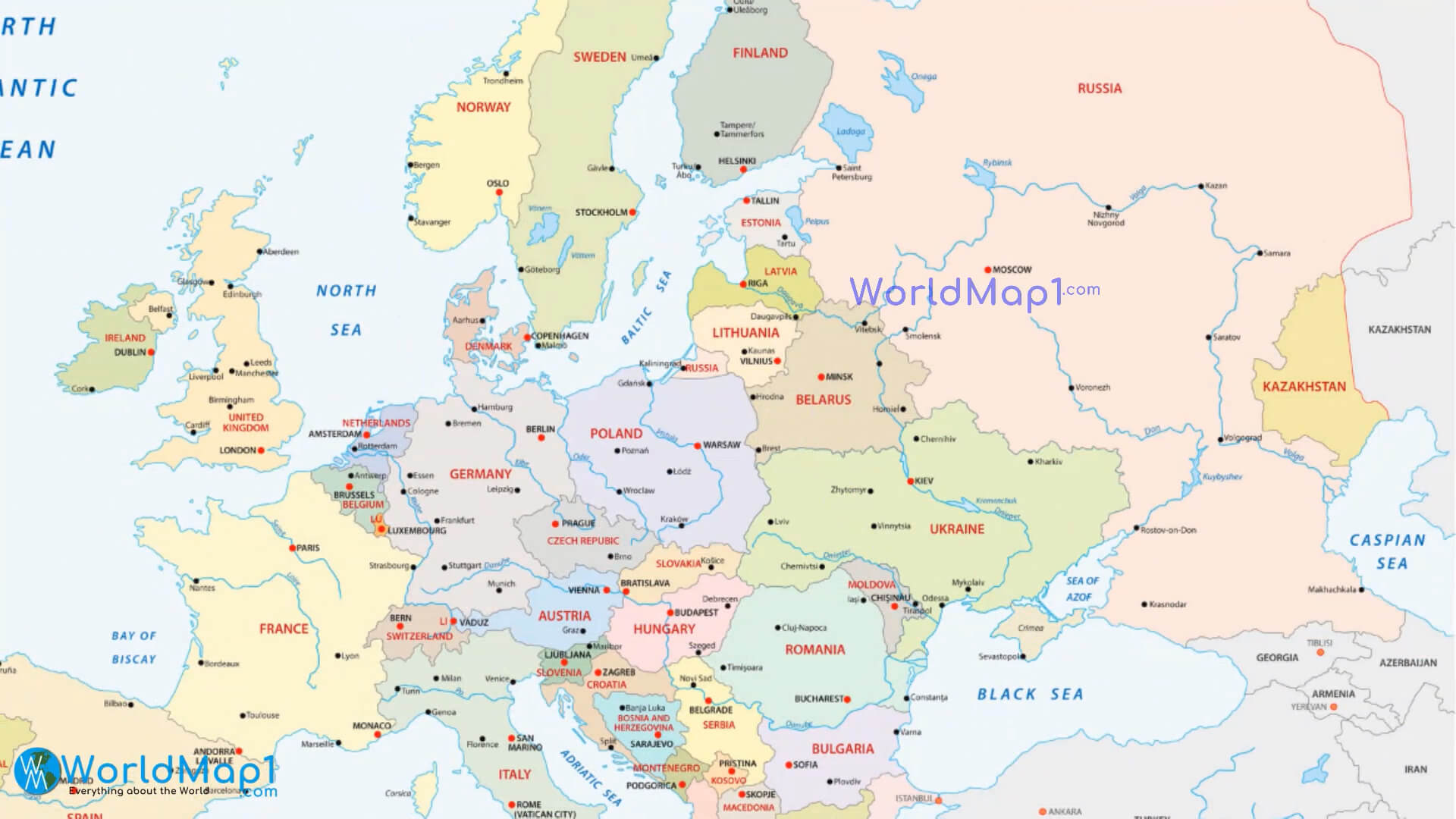 Political map of Europe with rivers