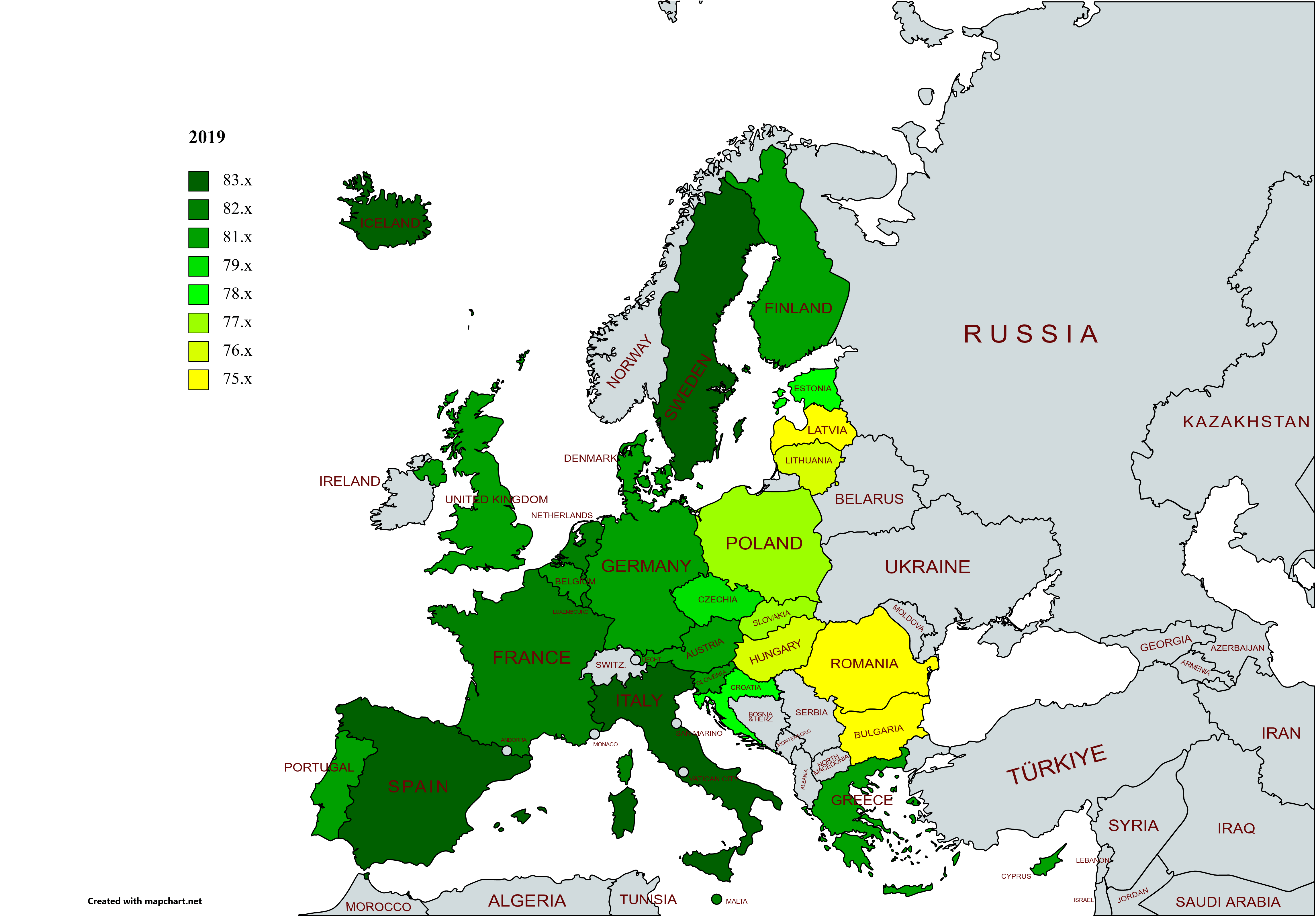 Life expectancy map in EU 2019