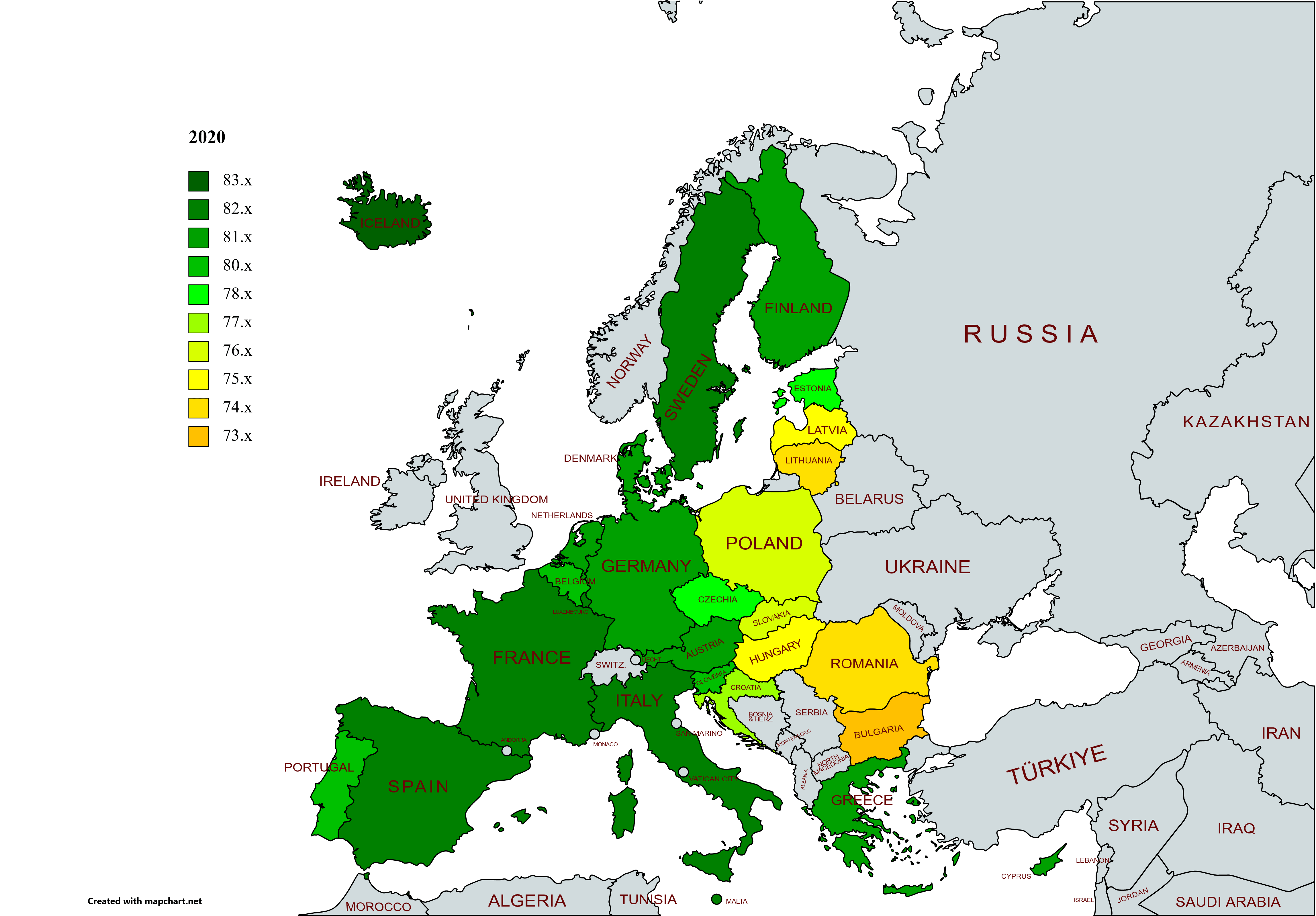 Life expectancy map in EU 2020