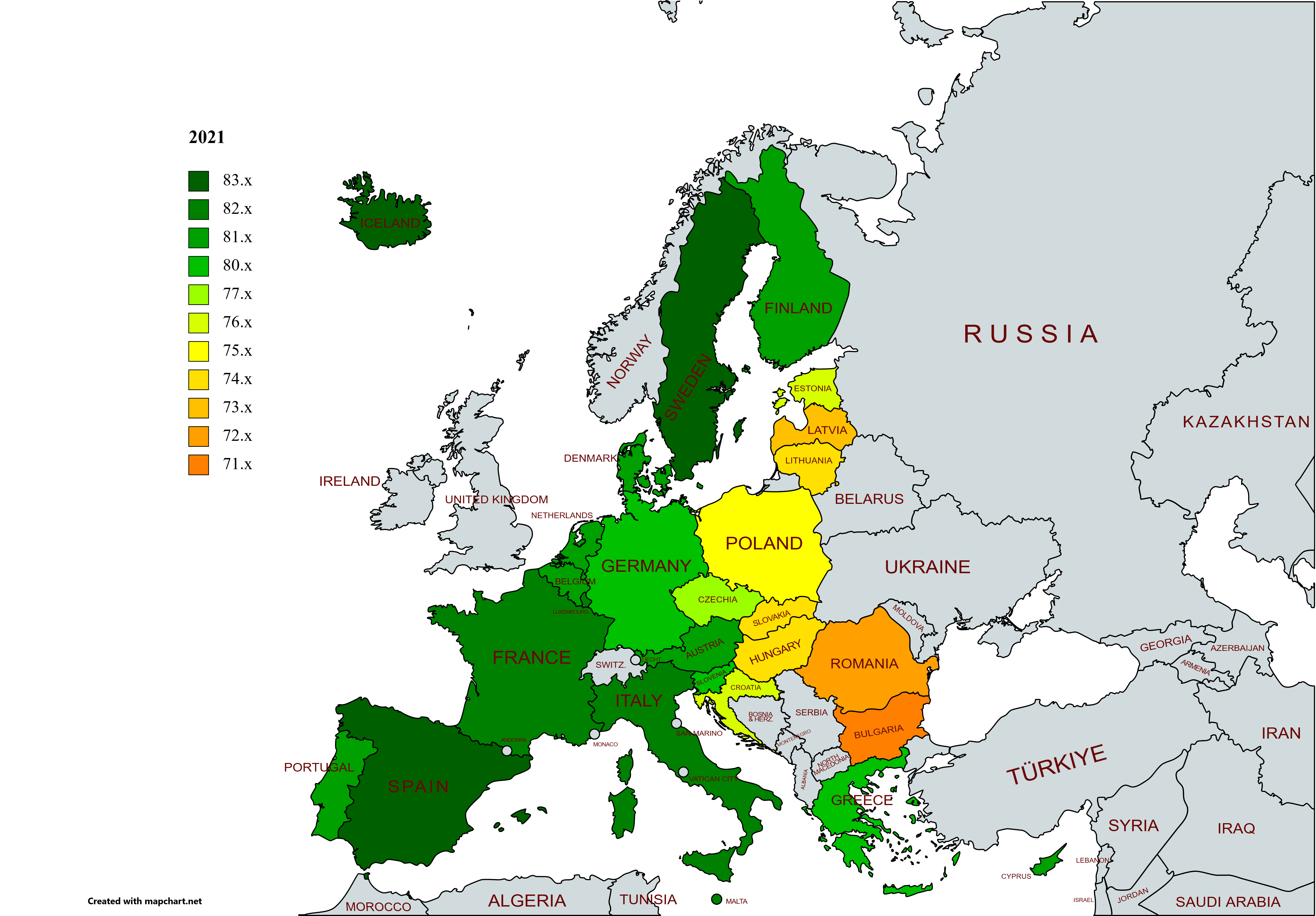 Life expectancy map in EU 2021