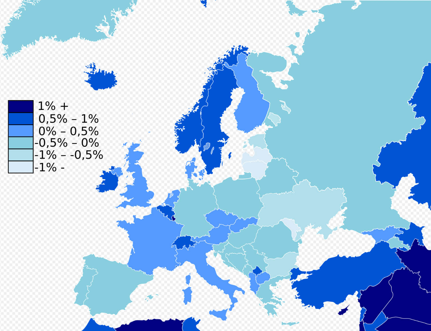 Population growth map of Europe in 2021