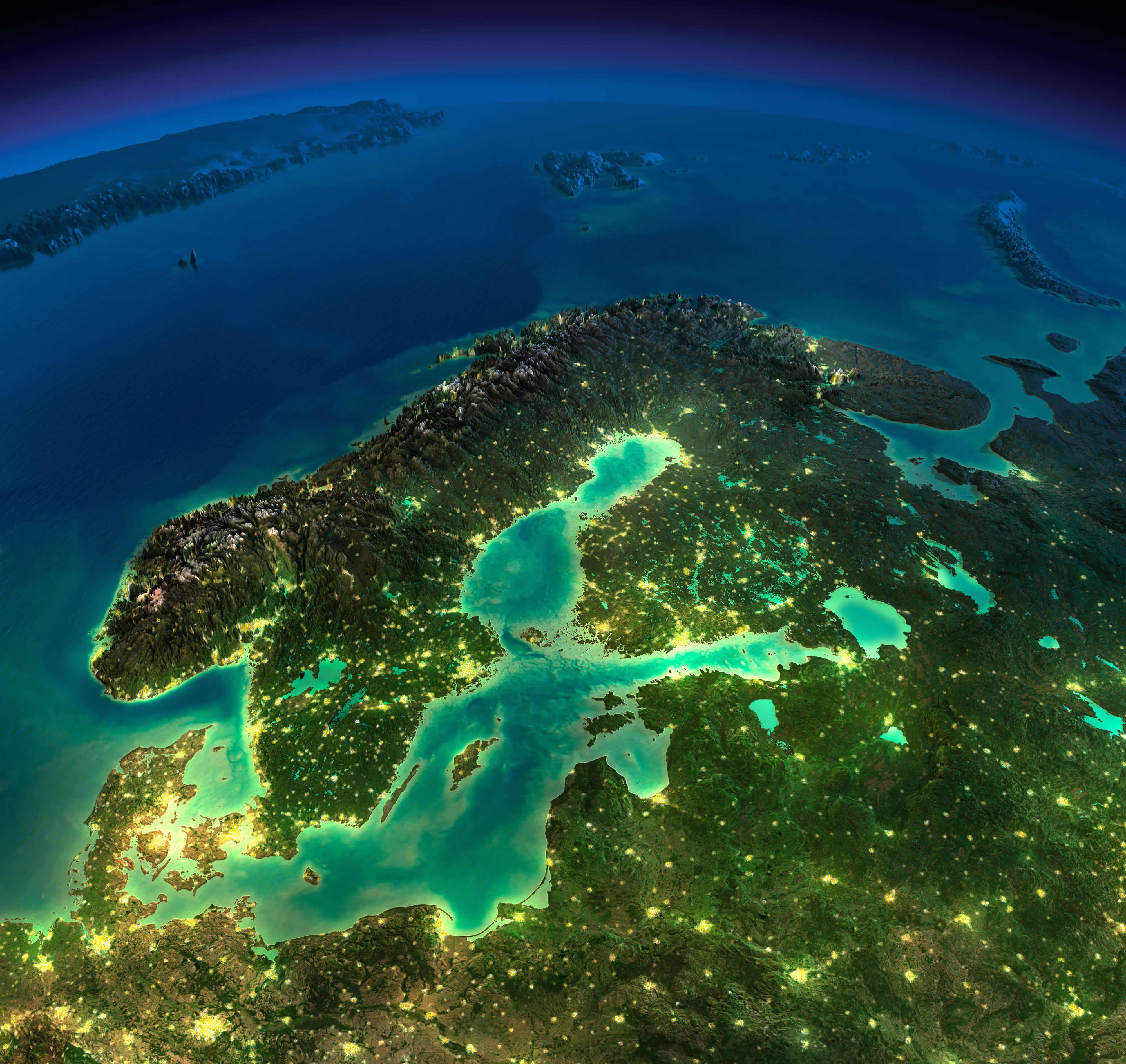 Europe Denmark Norway Sweden Finland satellite map in the night
