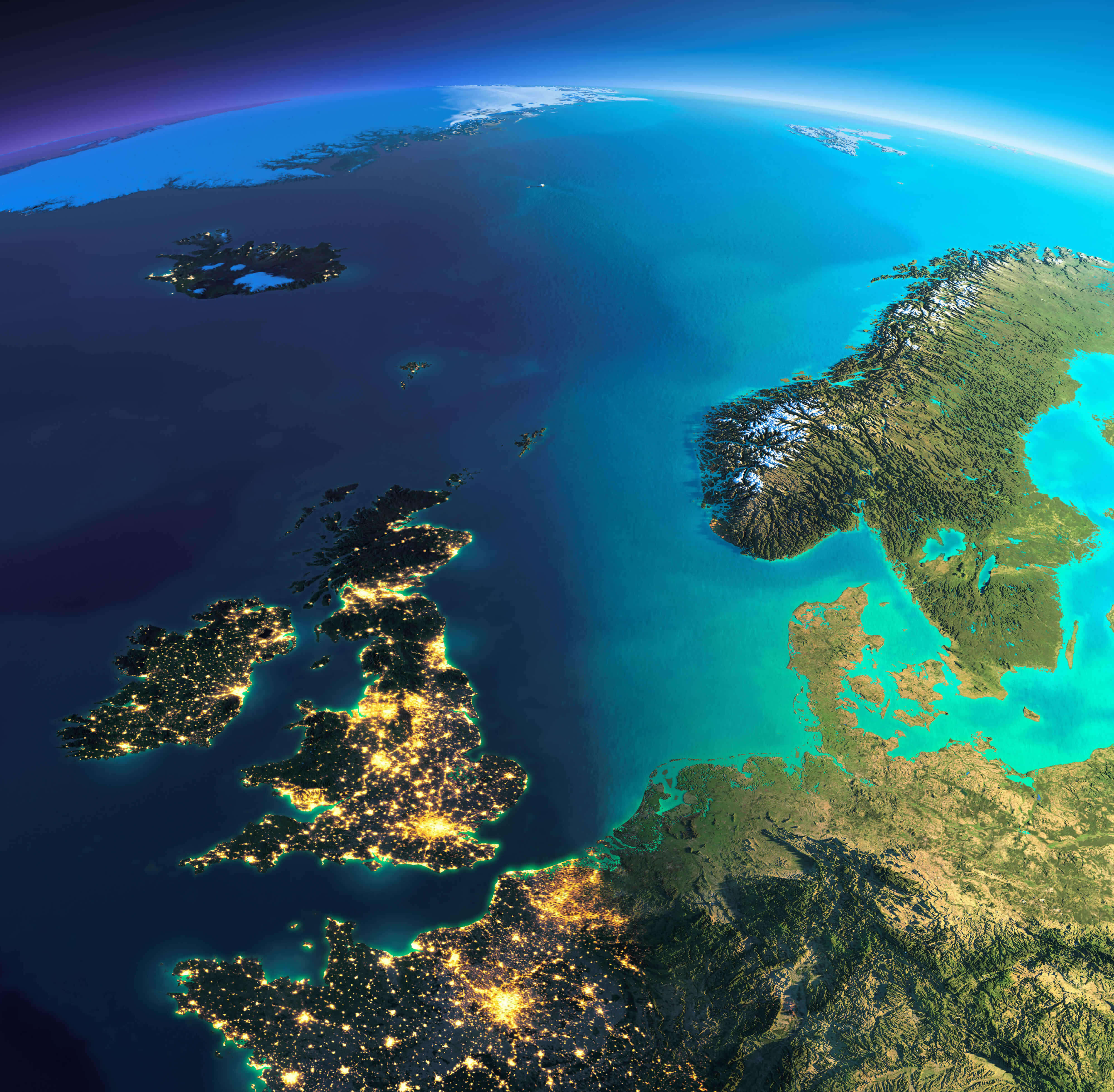 Europe ireland uk sweden norway satellite map in the night
