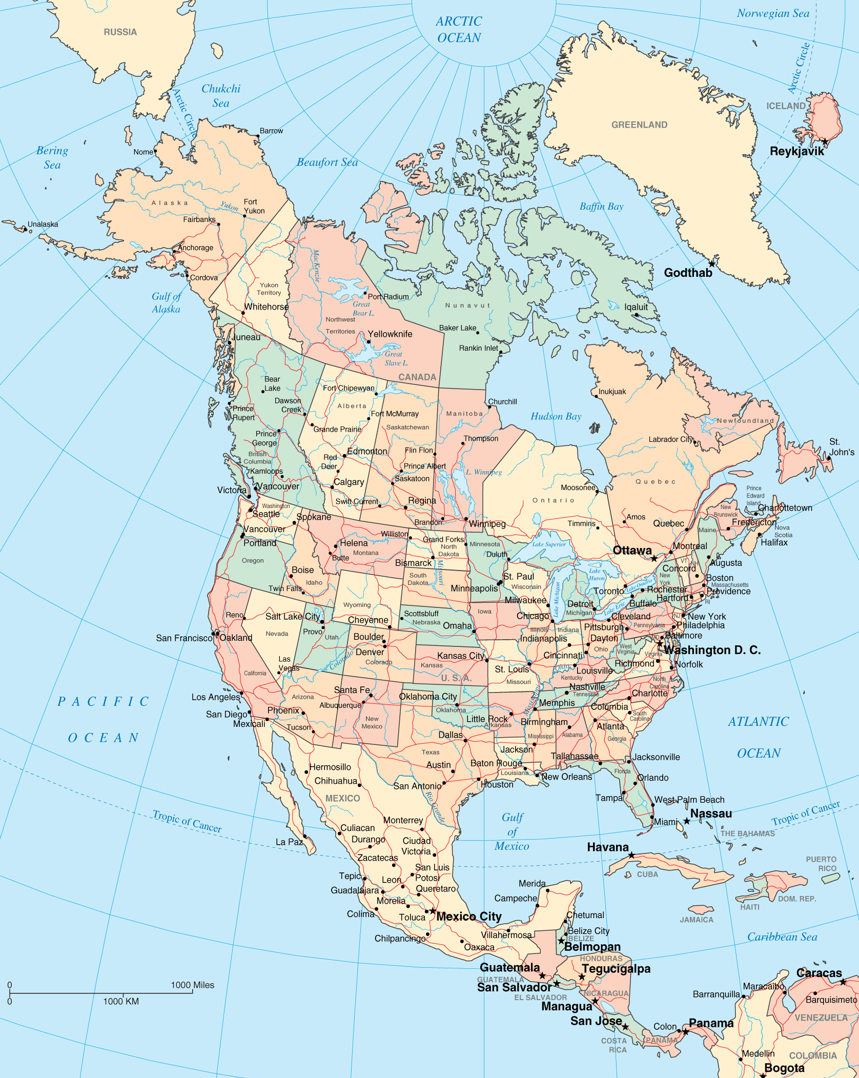 North America cities and roads map