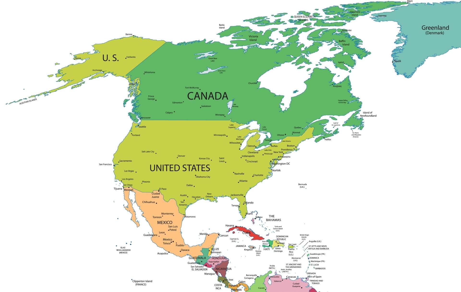 North America countries capitals and major cities map
