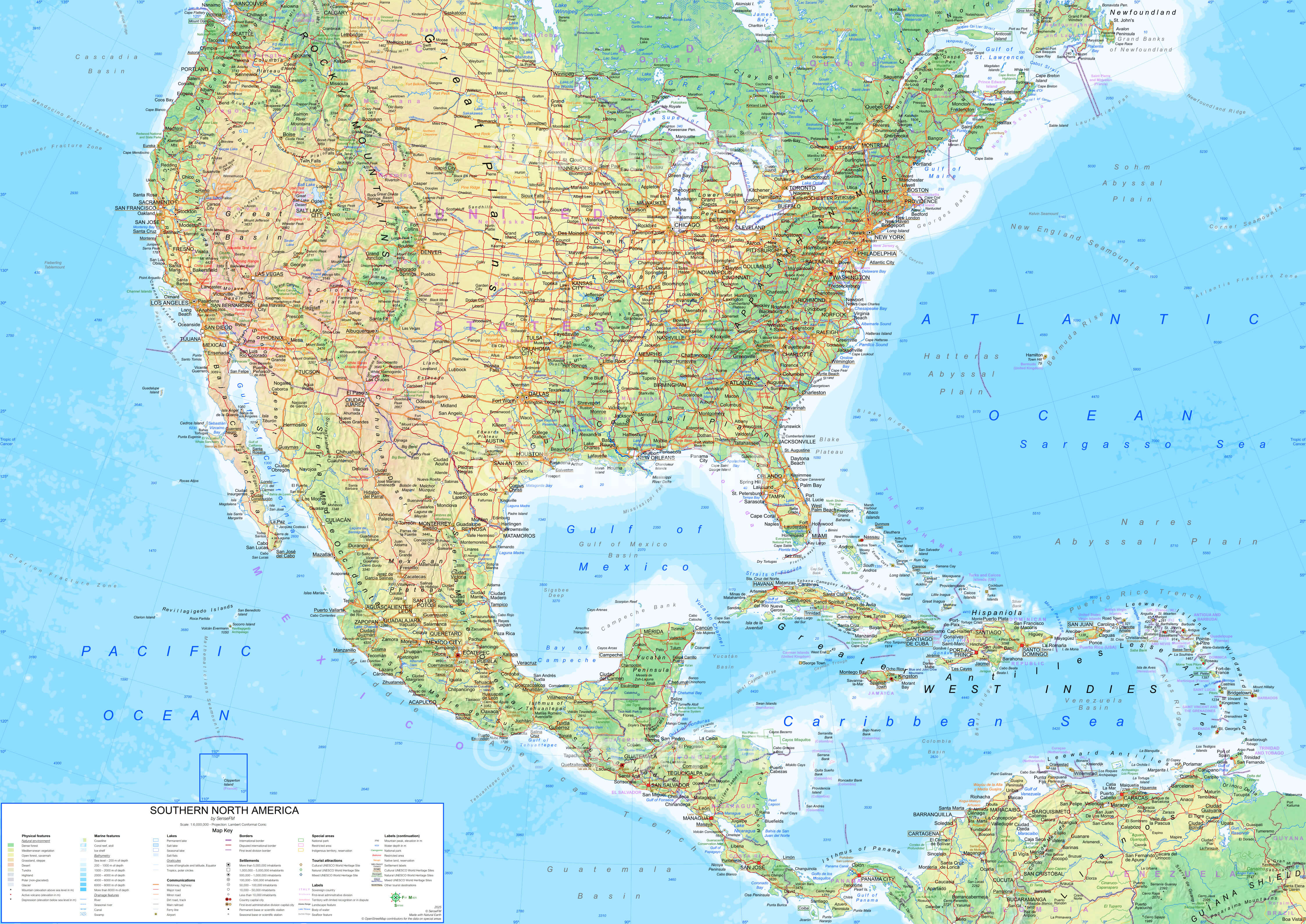 North America detailed physical map