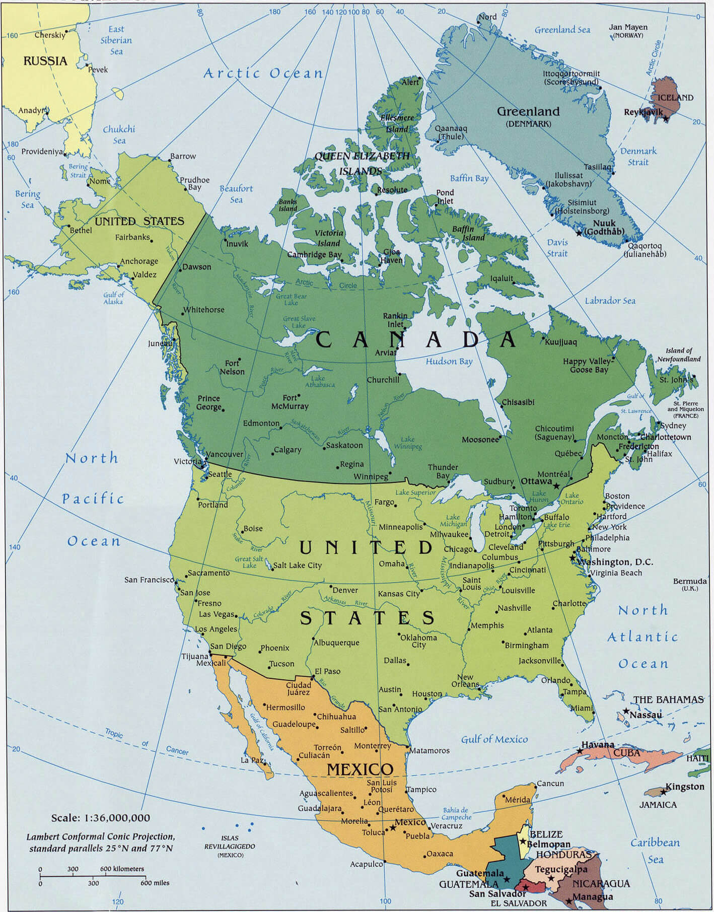 North America large political map with major cities