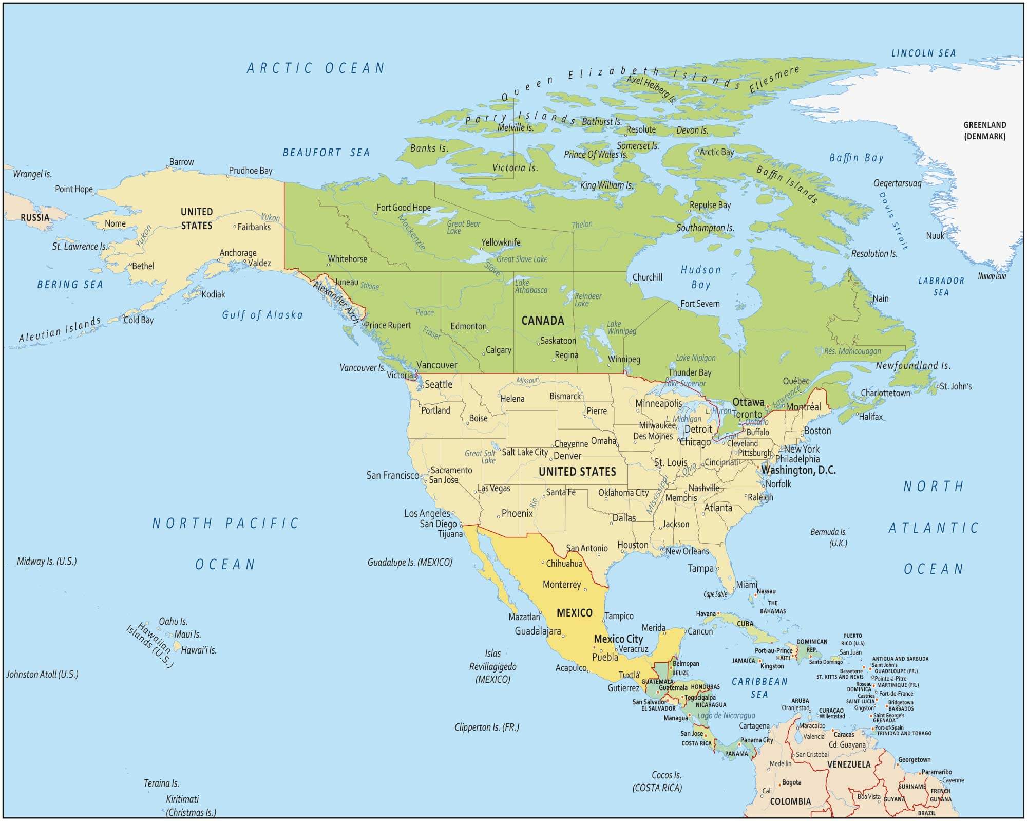 North America Countries and Cities Map