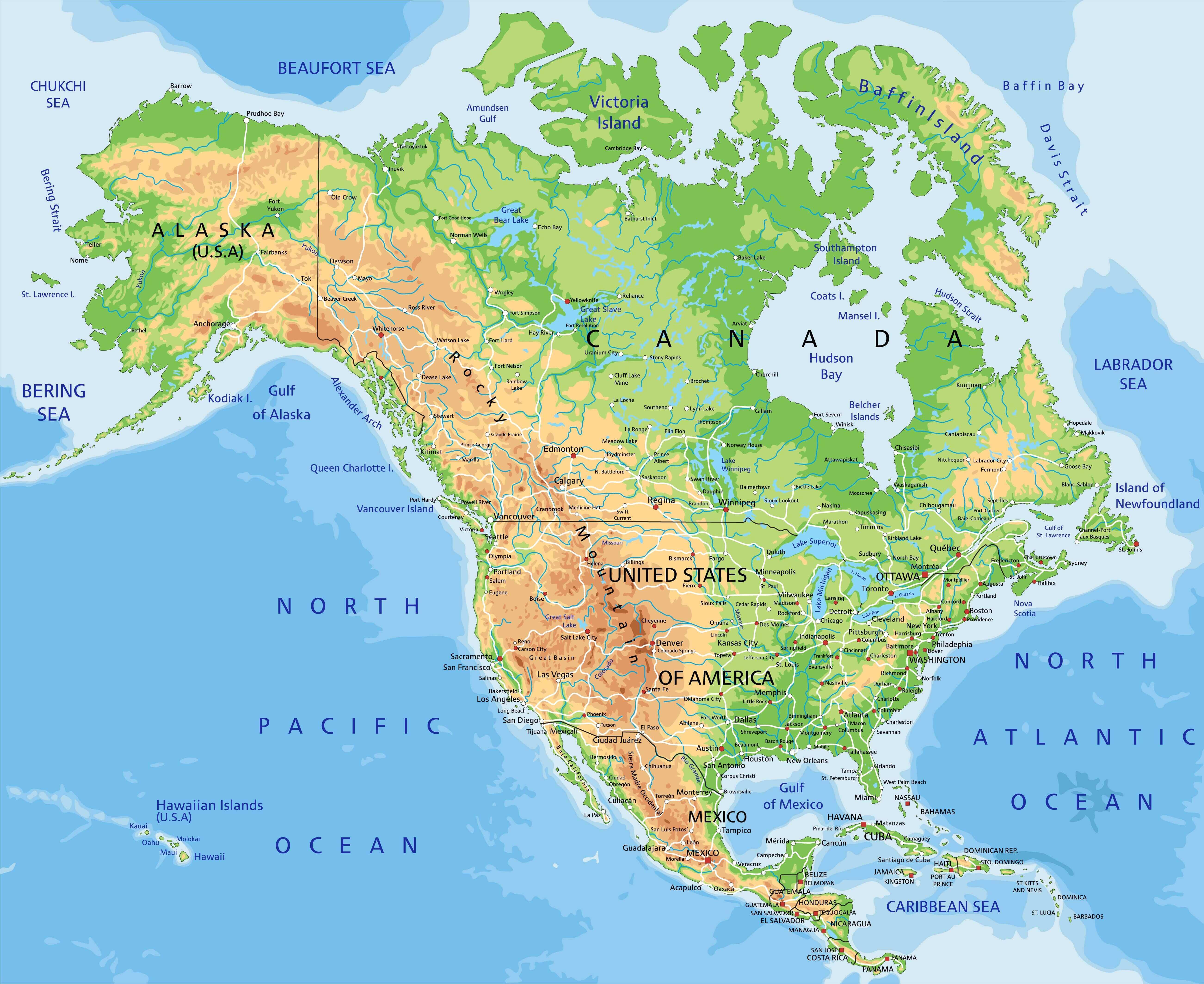 North America physical terrain map