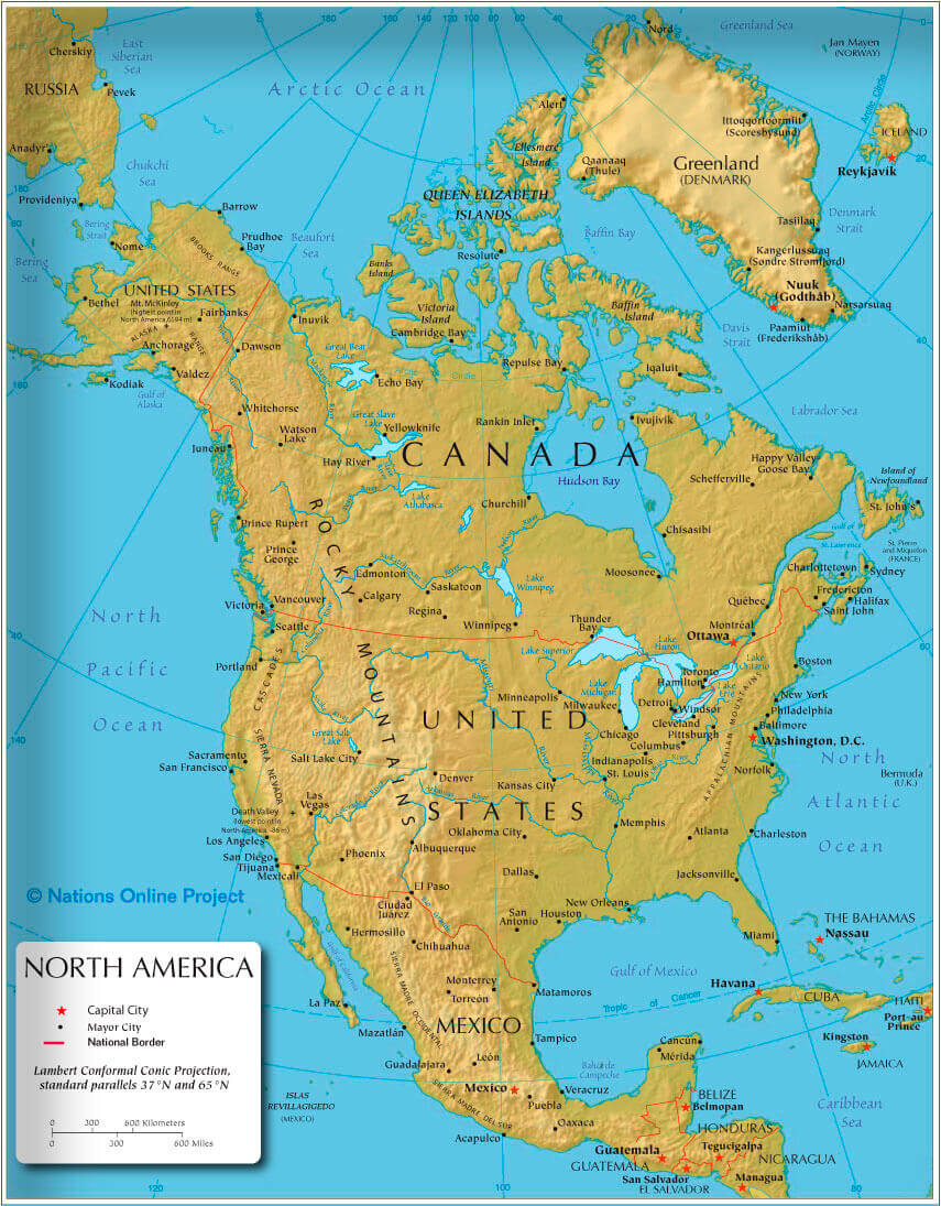 North America relief map with cities