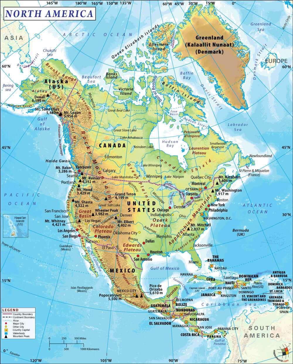 North America Countries Capitals and Major Cities Map