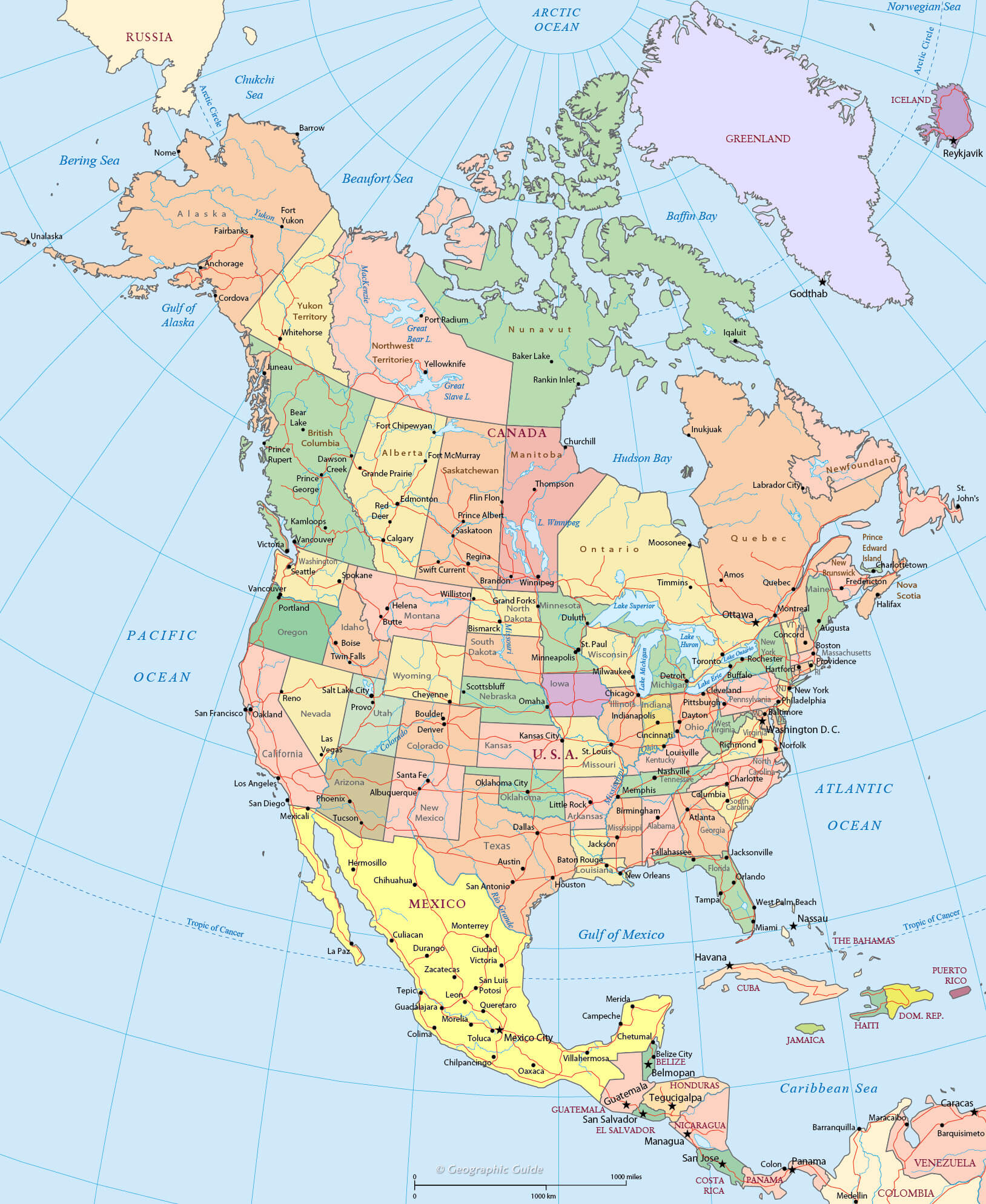 North America Countries and Cities Map