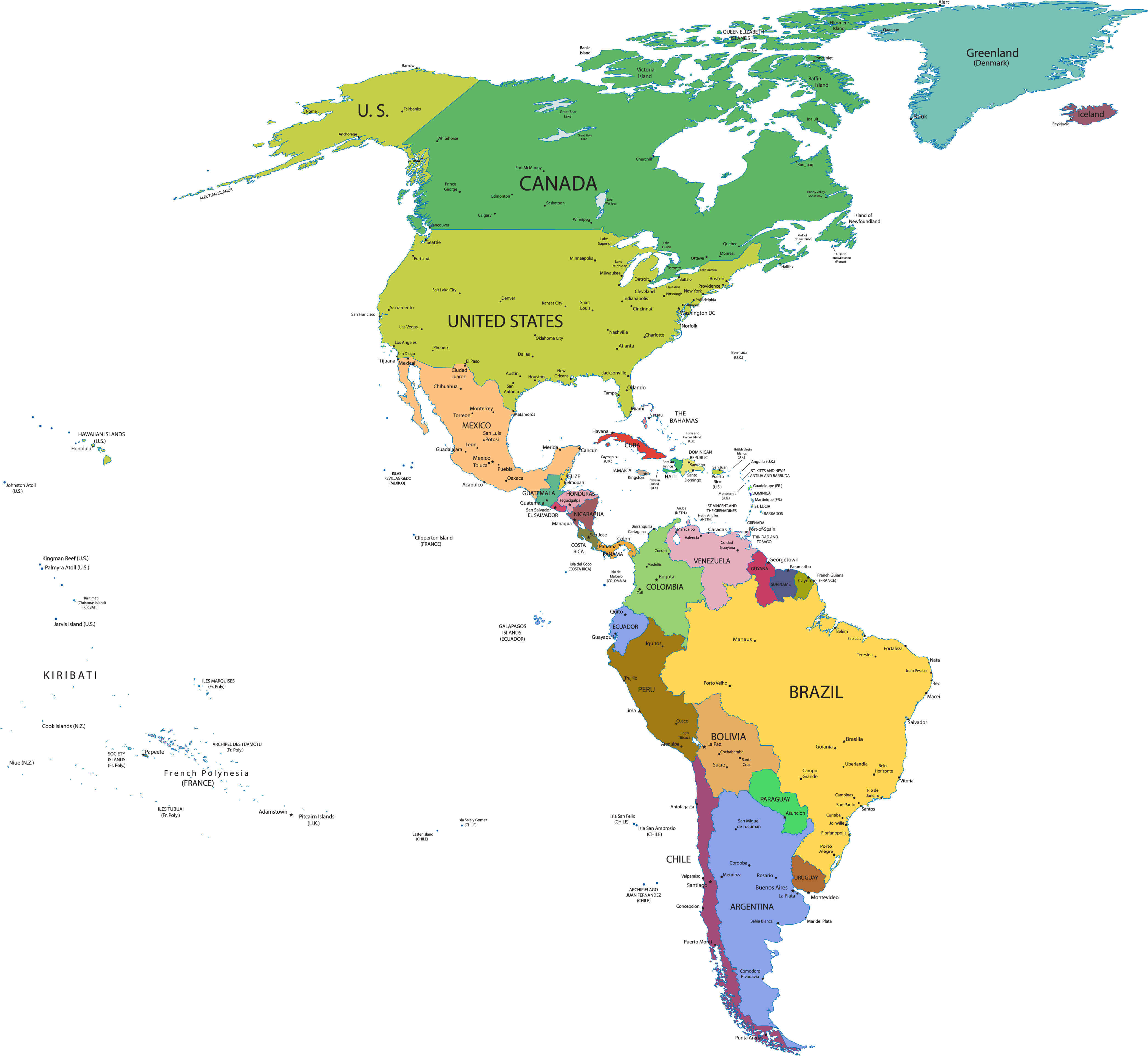 North and South America countries and major cities map