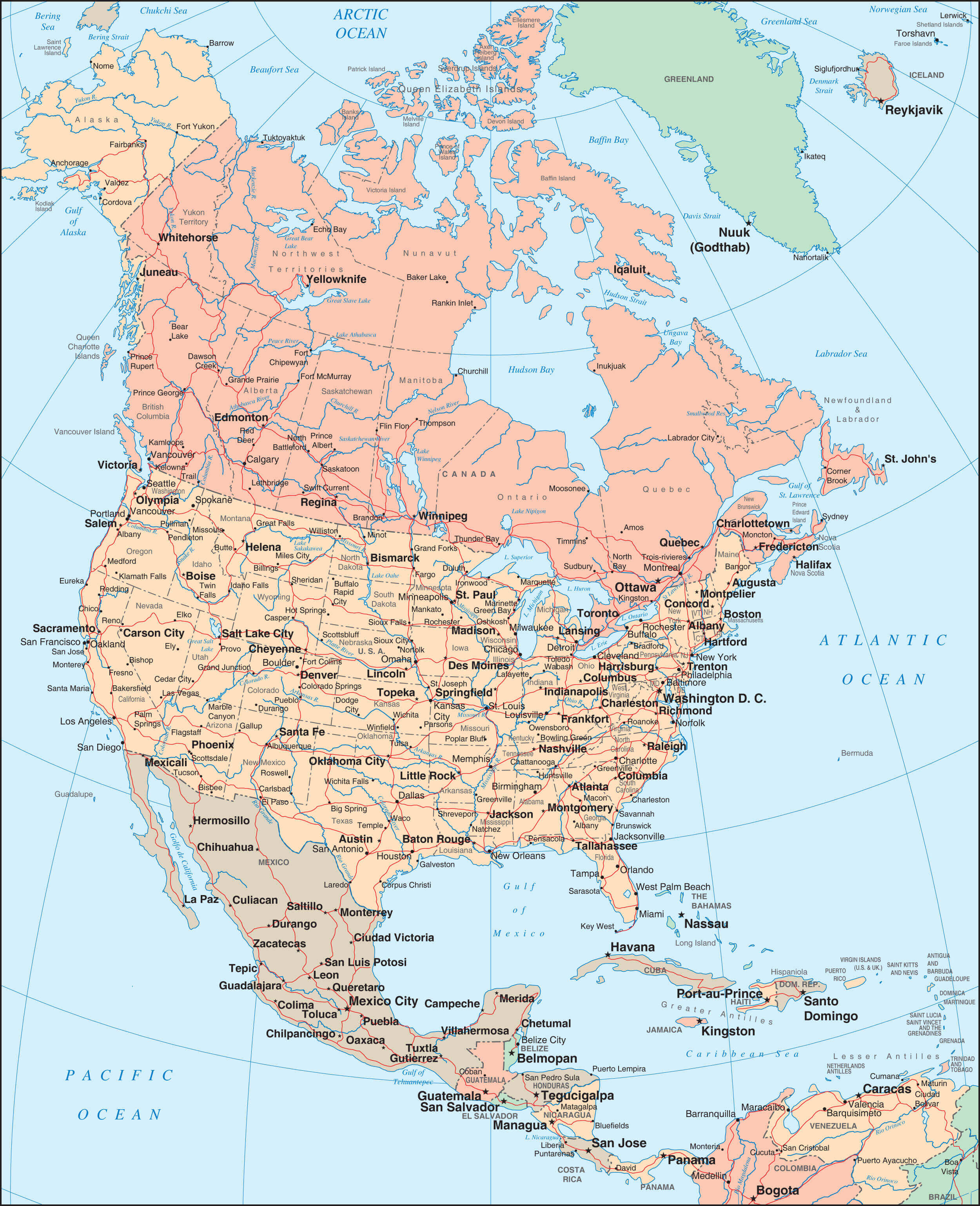 High-resolution Political Map of North America