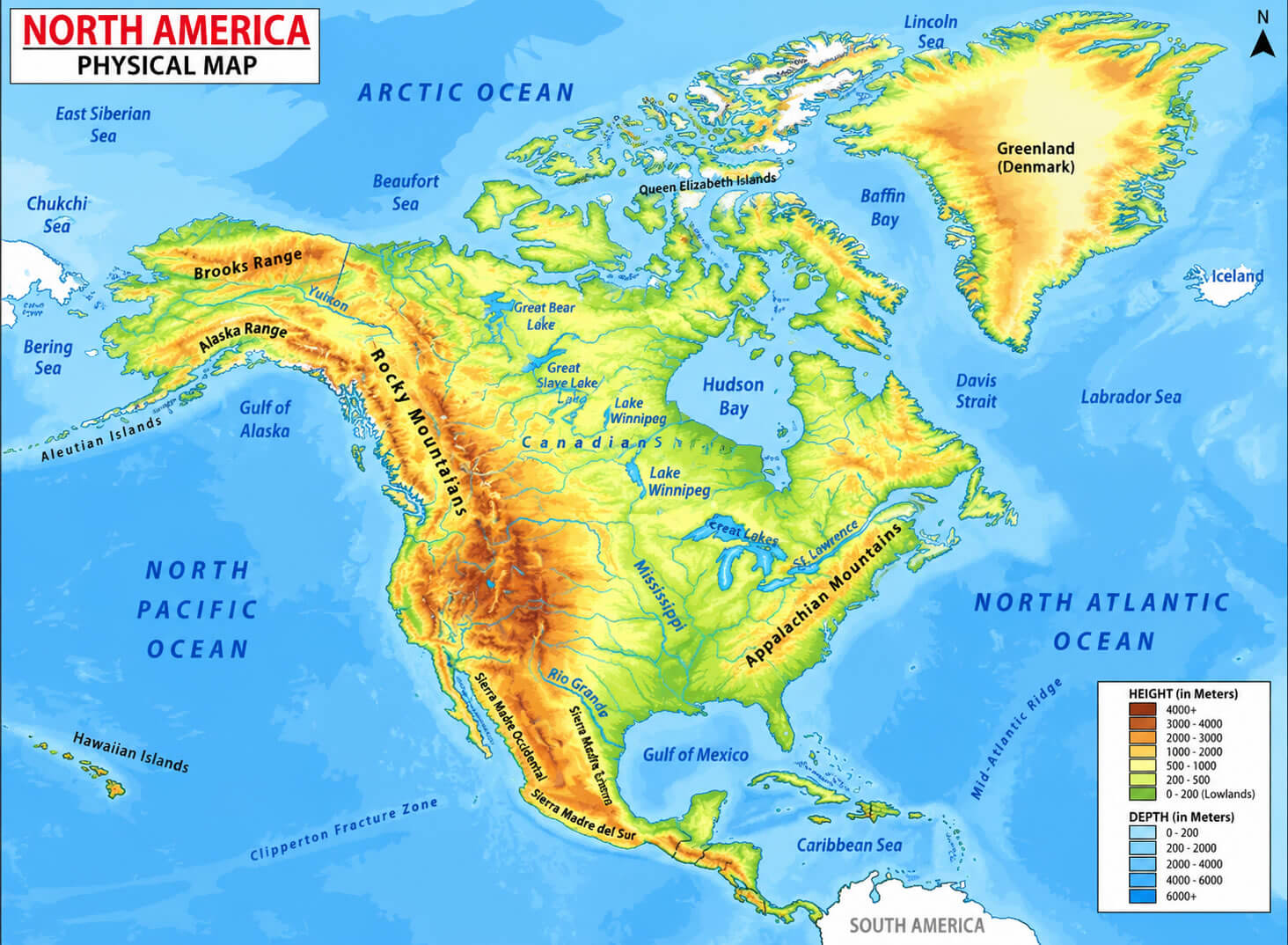 North America continent physical map