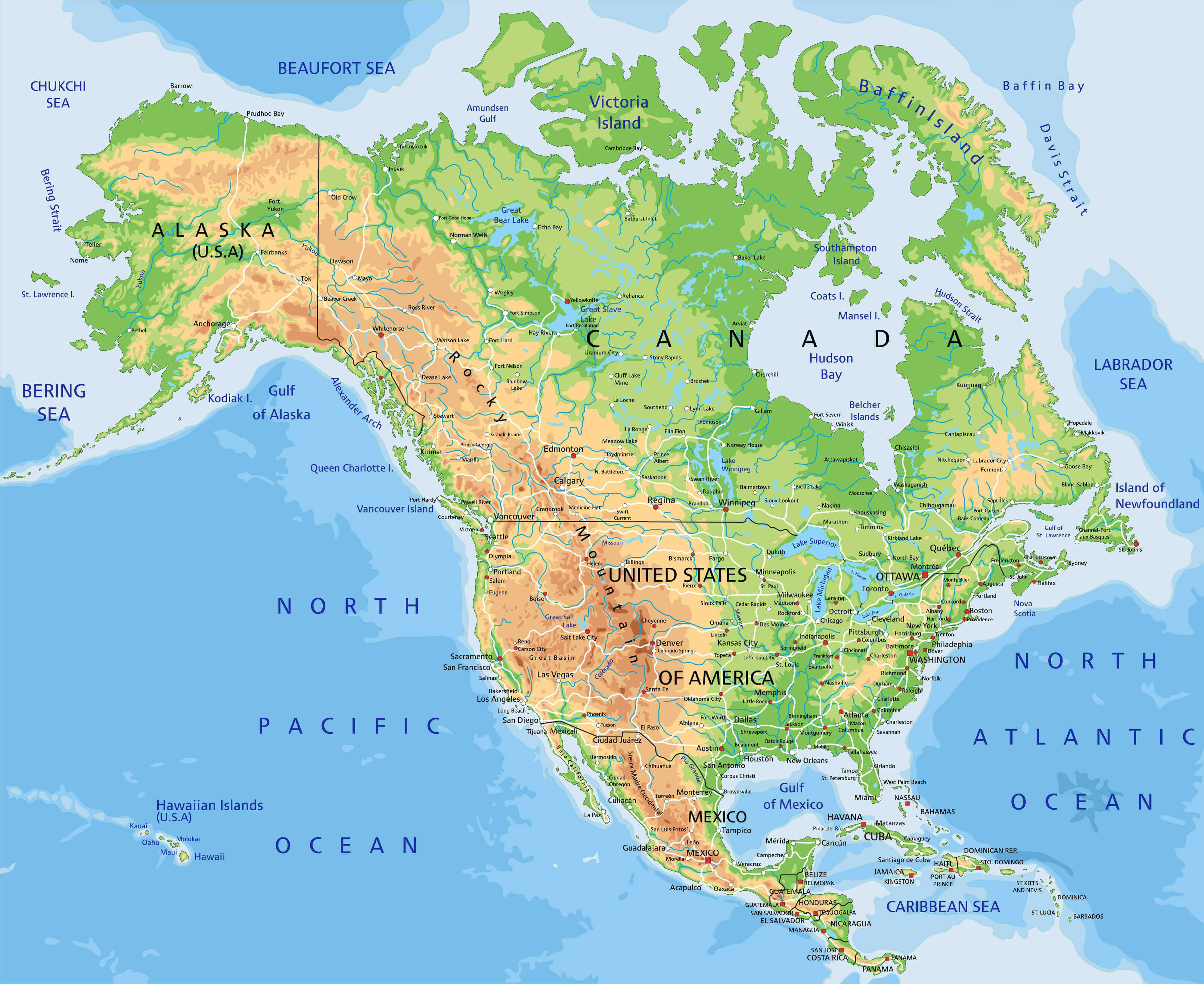 North America Physical Map 1 North America geographical relief map