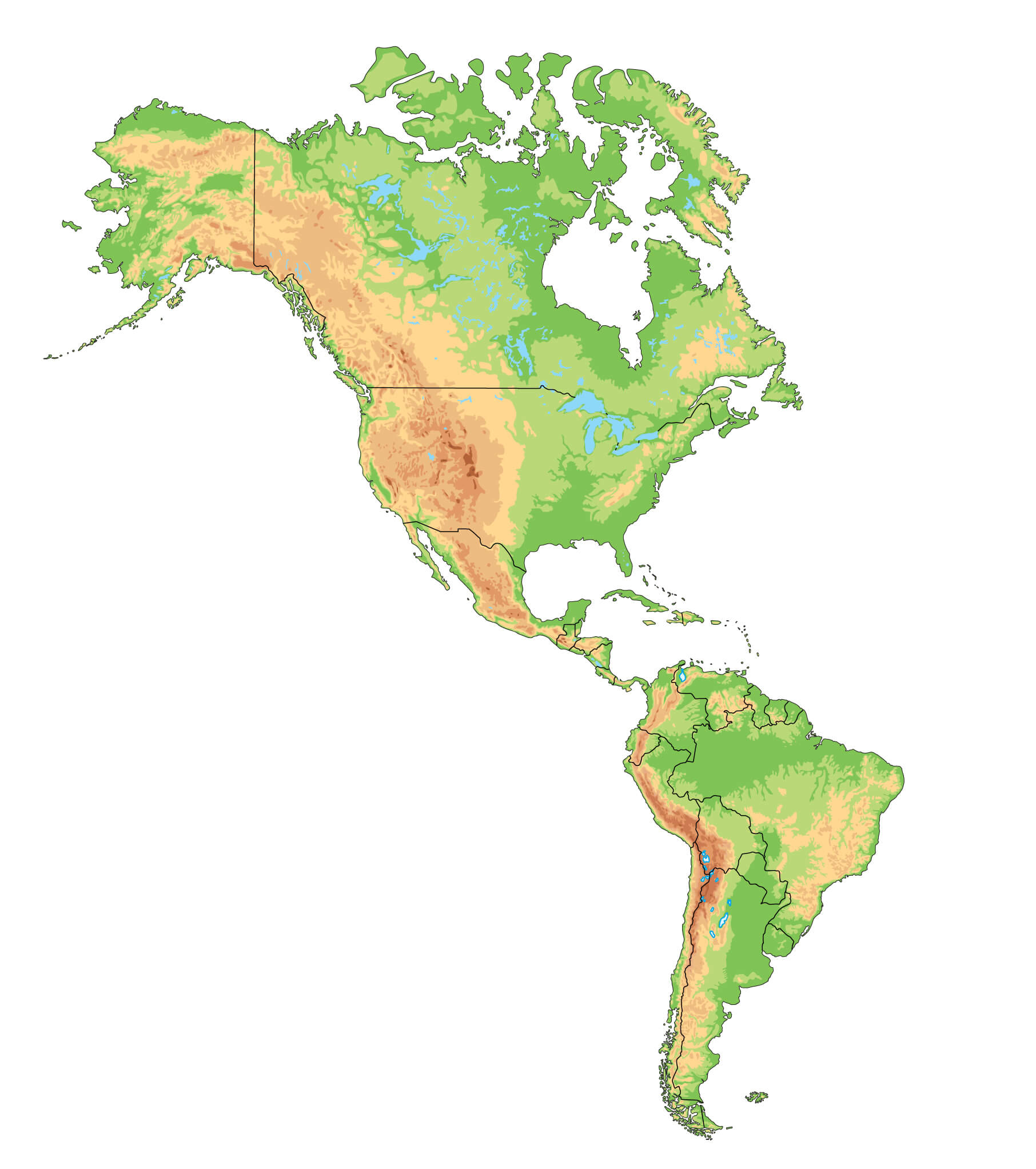 North and South America physical map