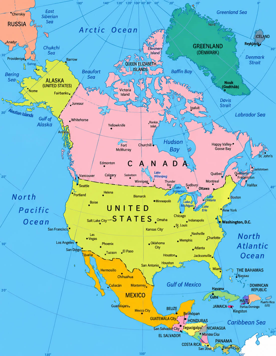 North America Political Map with Country Borders