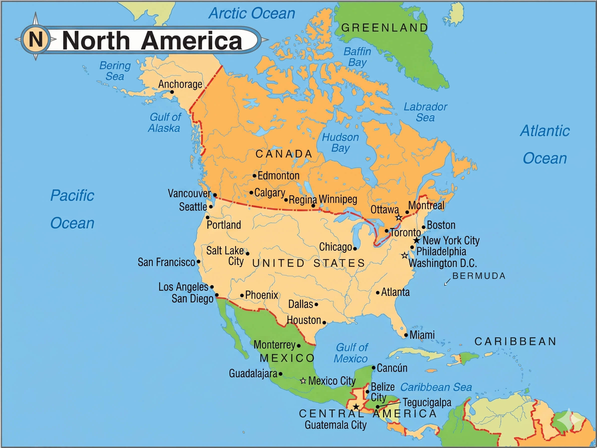 North America labeled political map