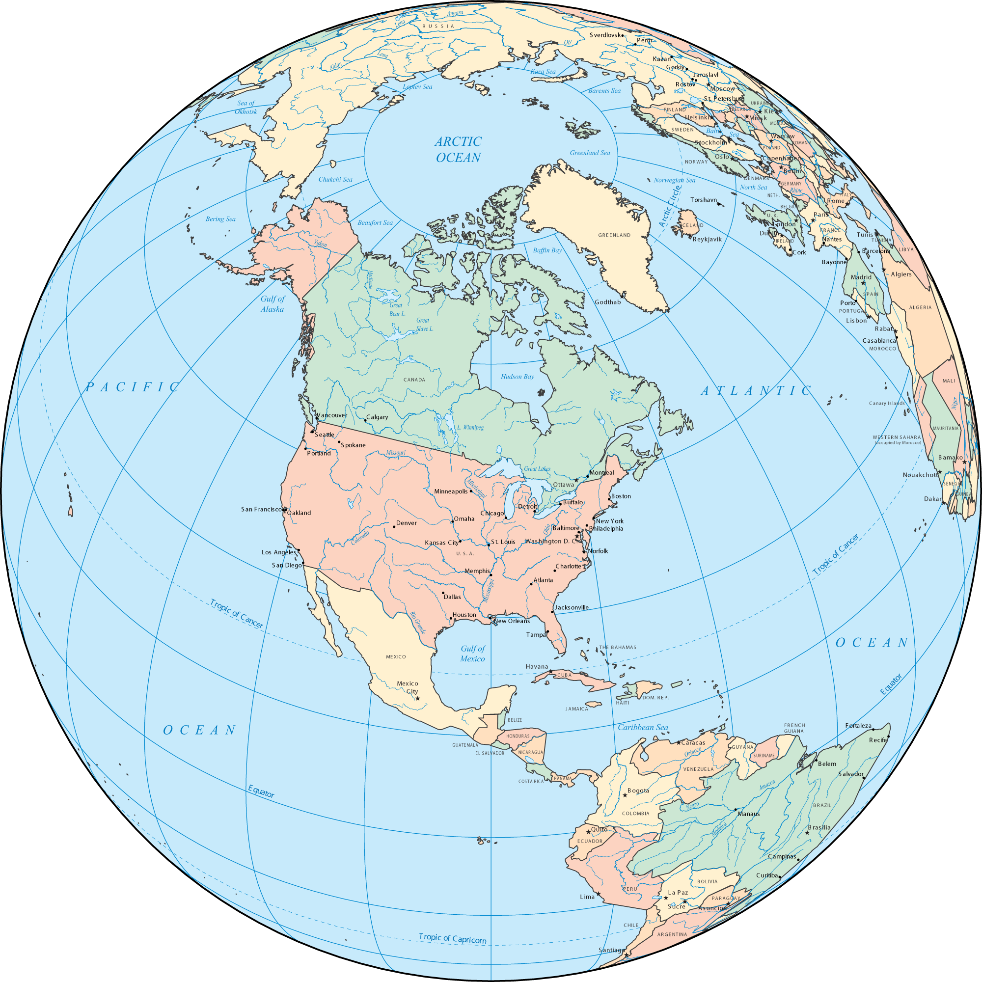 North America political map on World Globe