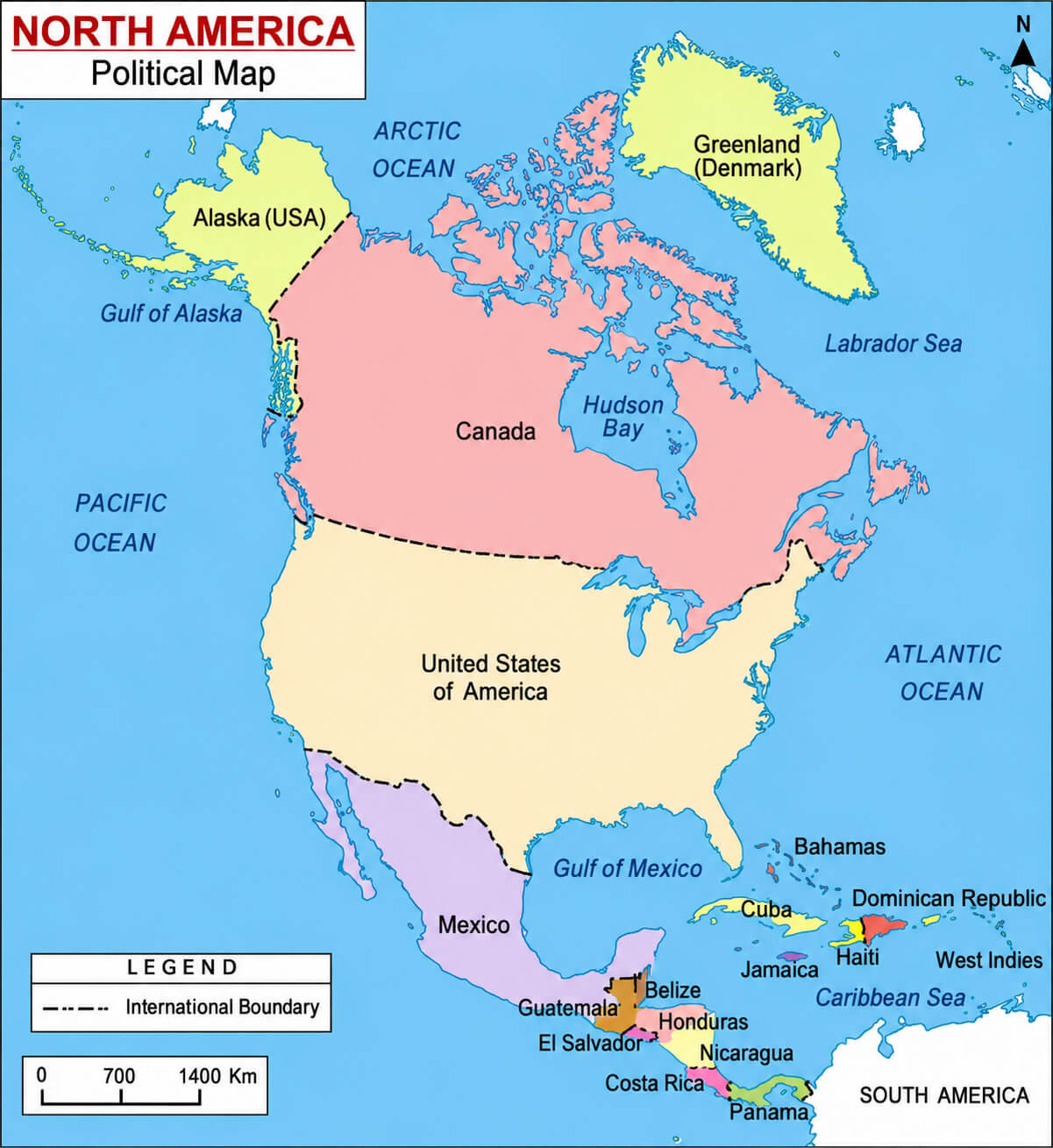 North America political map with countries and oceans