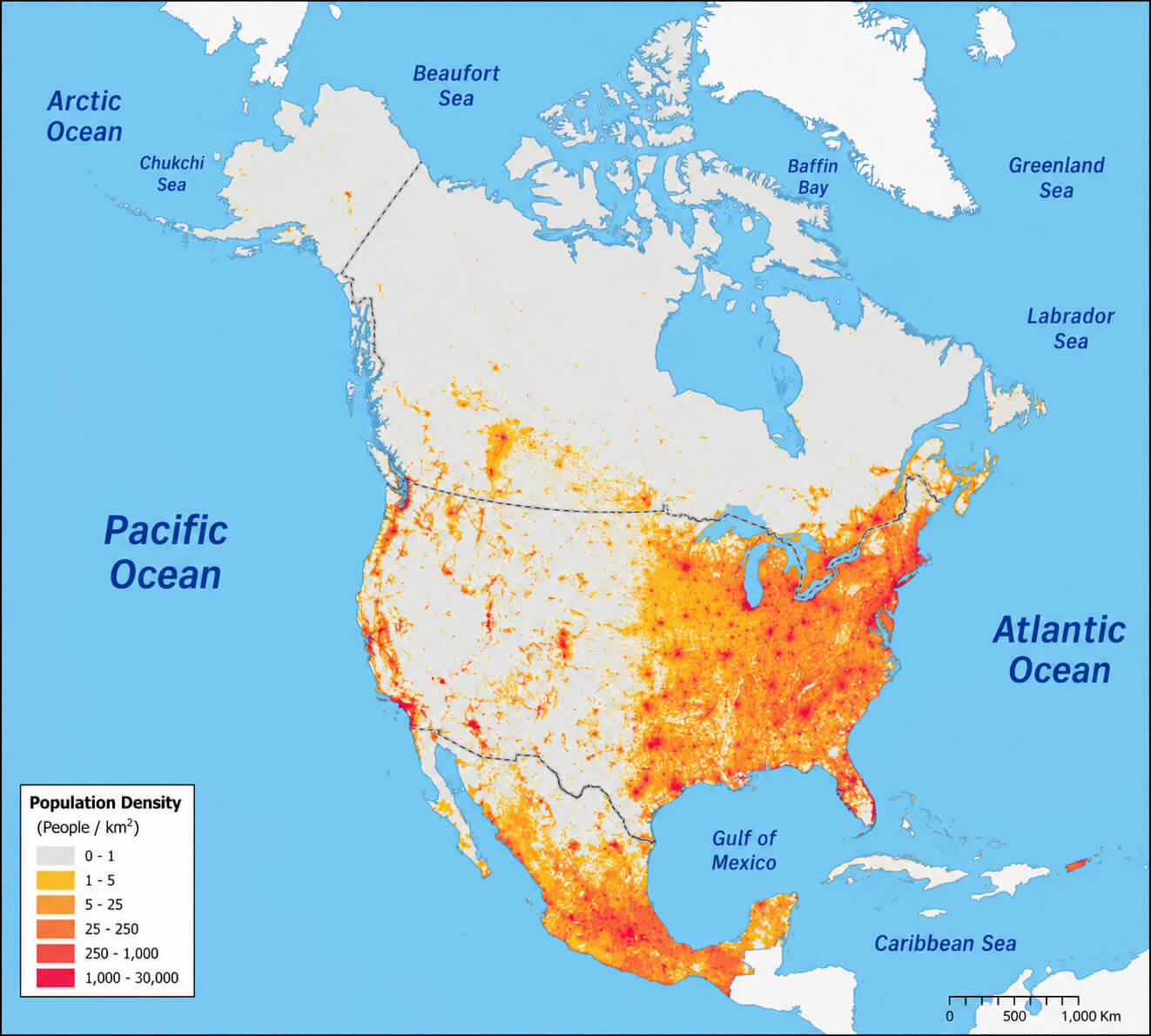 North America detailed population density map