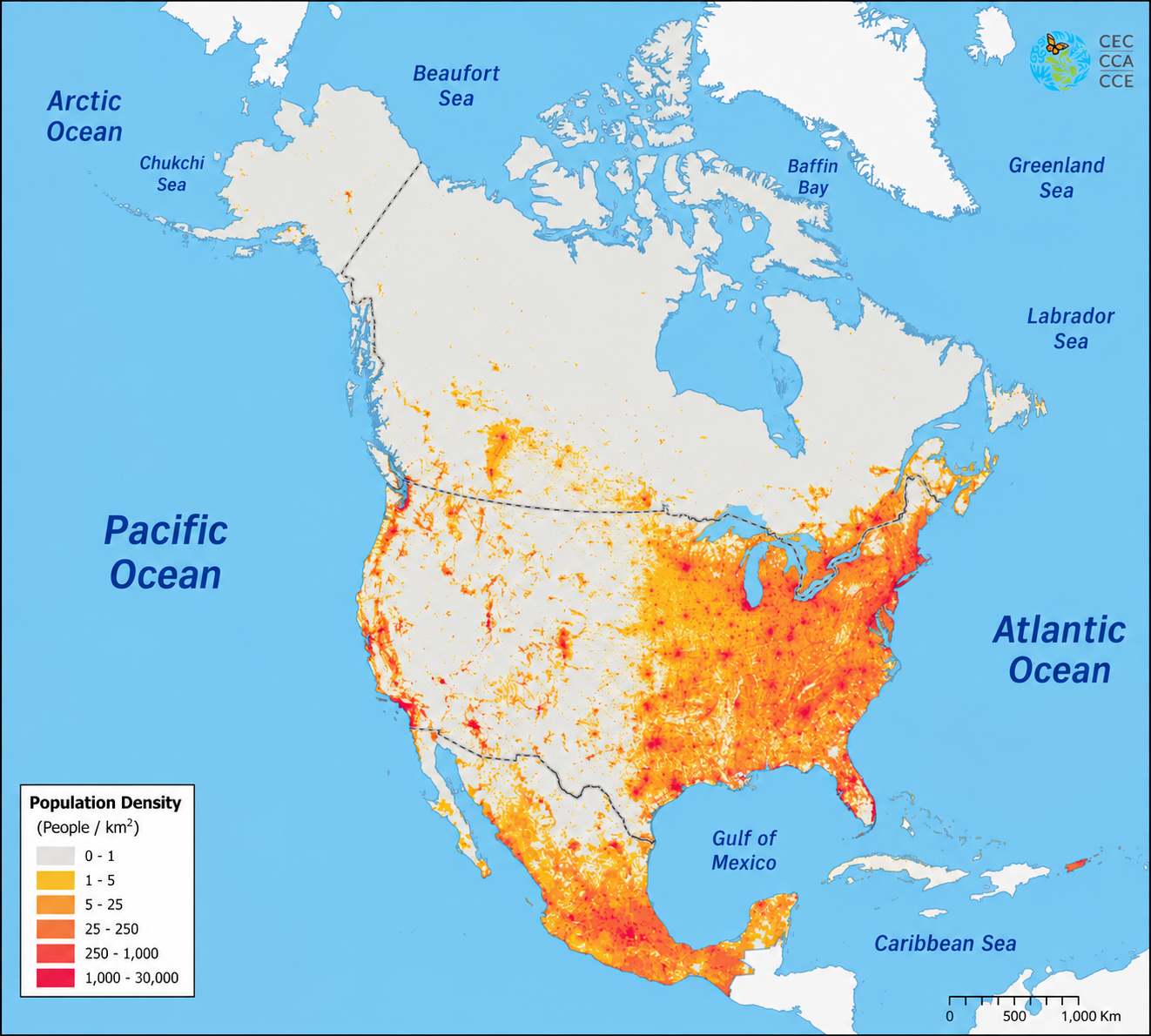 North America population density map