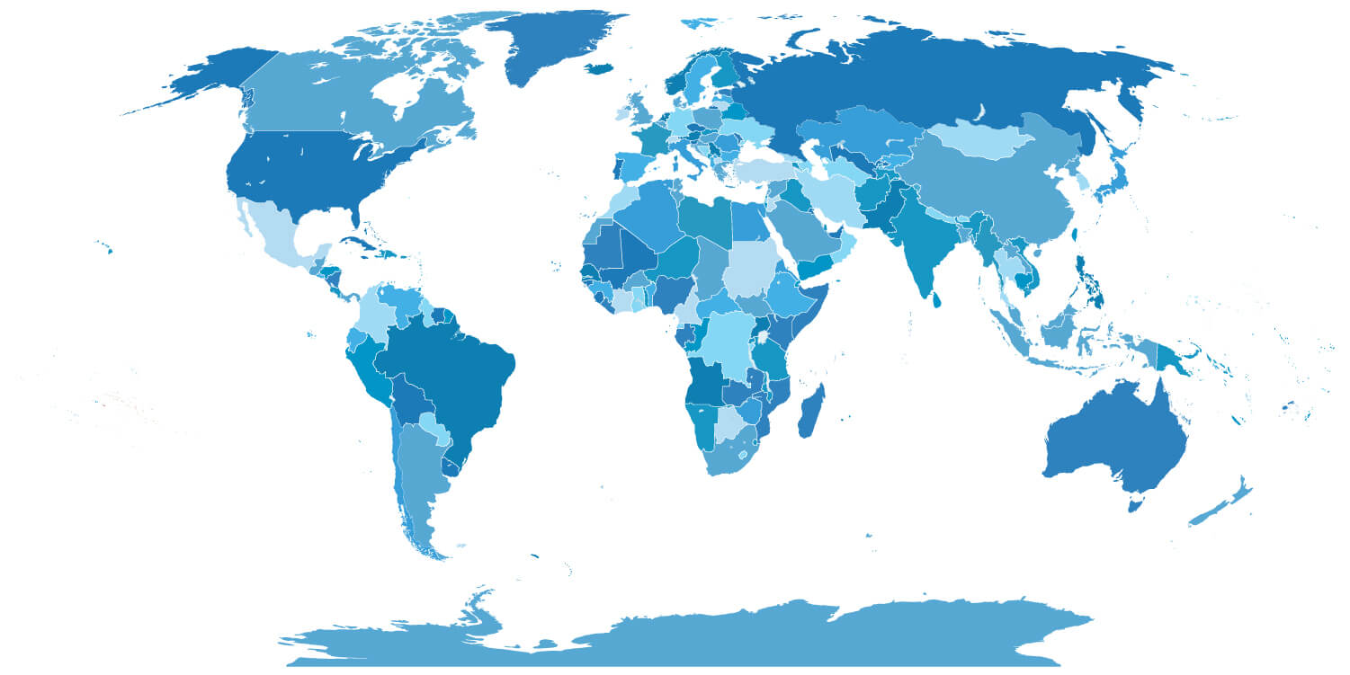 Blank world map with countries shown in blue shades on white background