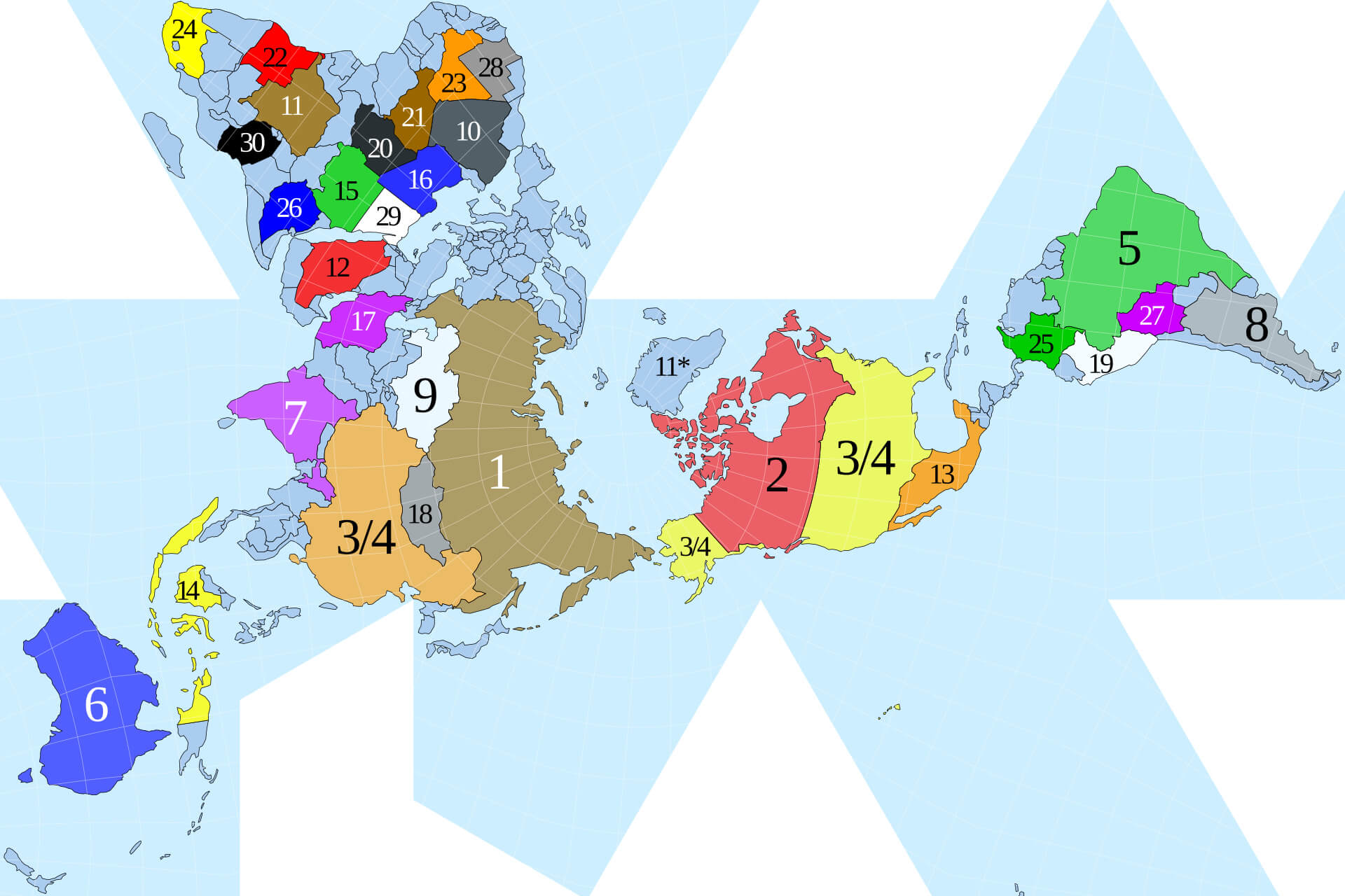 Dymaxion map World 30 largest Countries