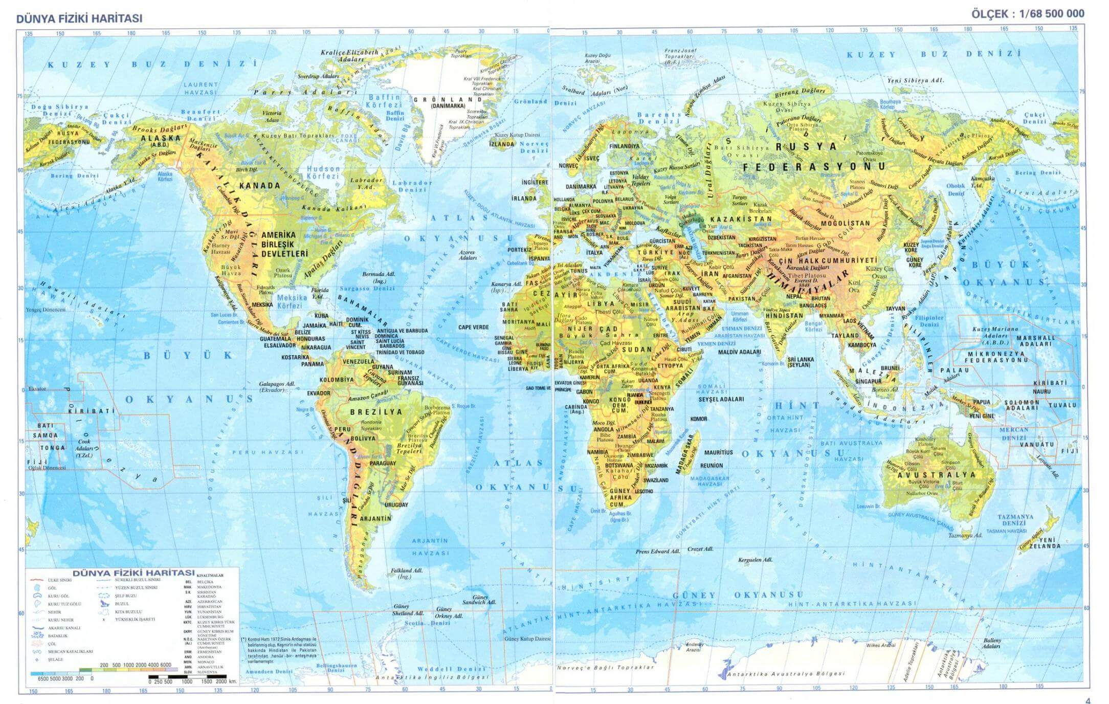 Physical map of the World in Turkish